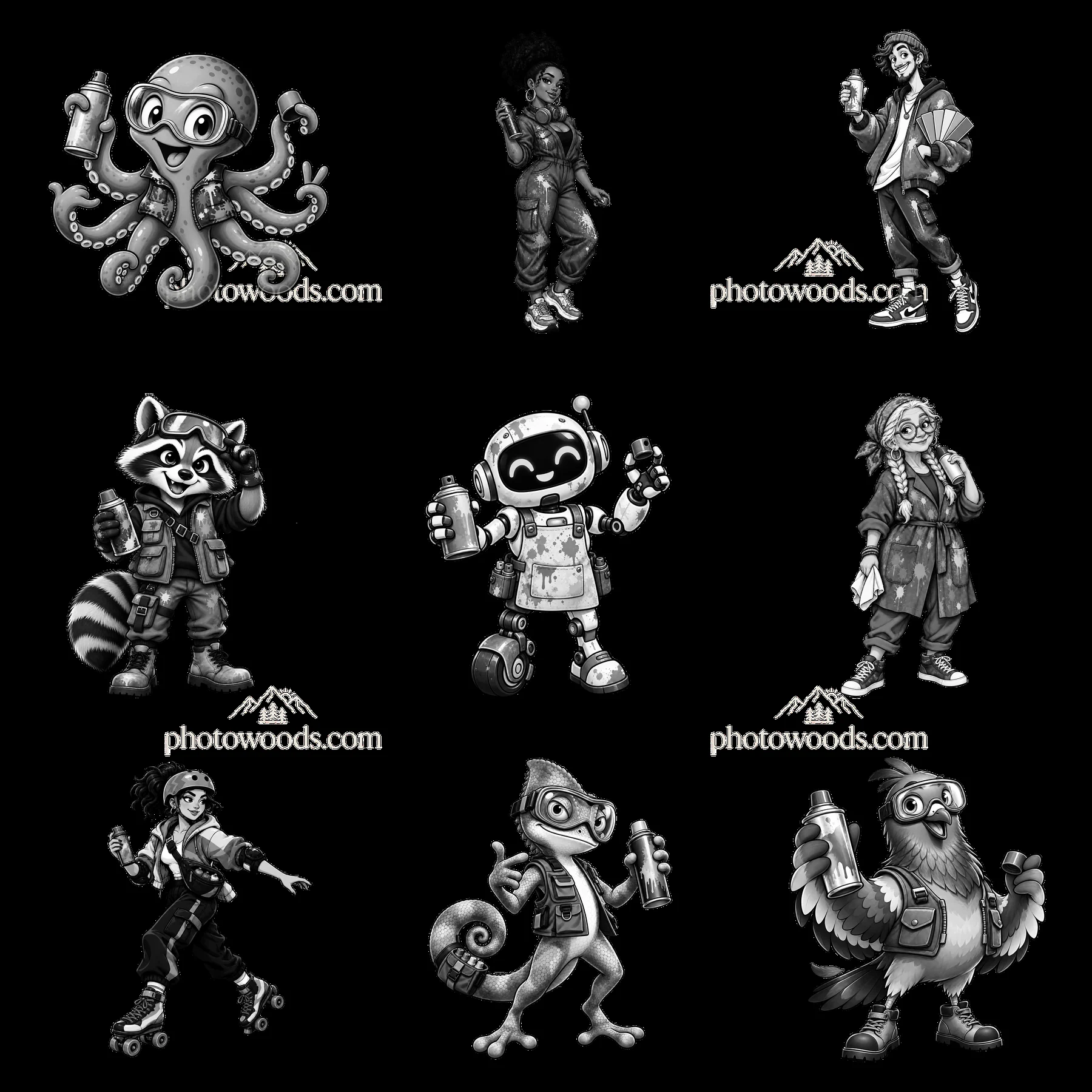 Cartoon graffiti characters with spray cans in a 3x3 layout - AI-generated stock image