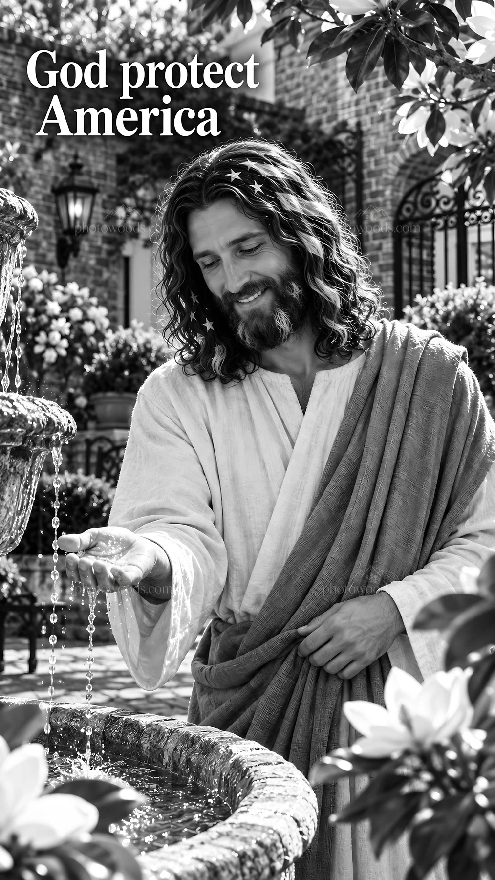 Jesus Christ blessing water in a peaceful garden setting - AI-generated stock image