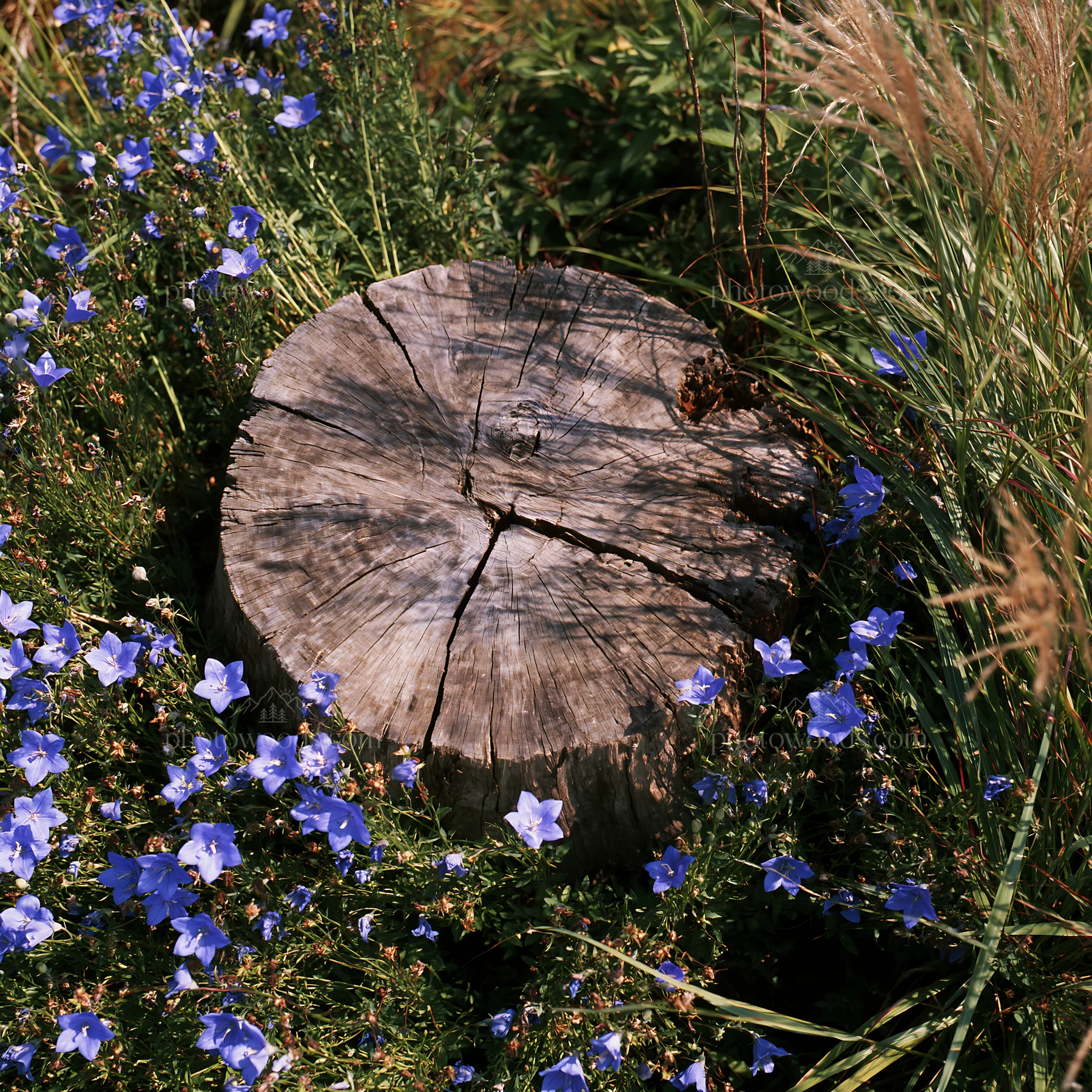 Fukushima native meadow with weathered stump - AI-generated stock image