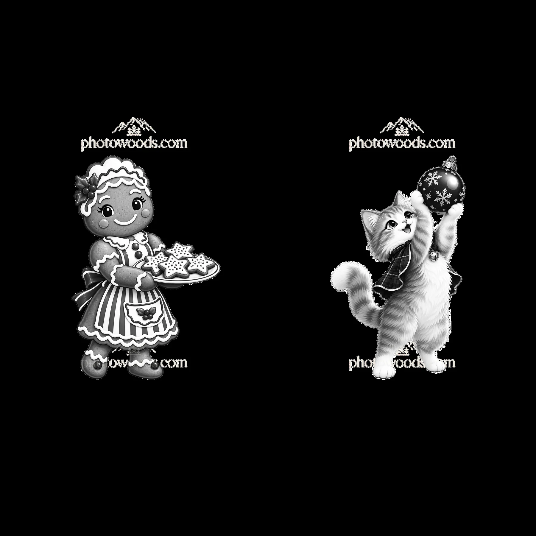 Gingerbread girl holds cookies near playful cat with ornament - AI-generated stock image