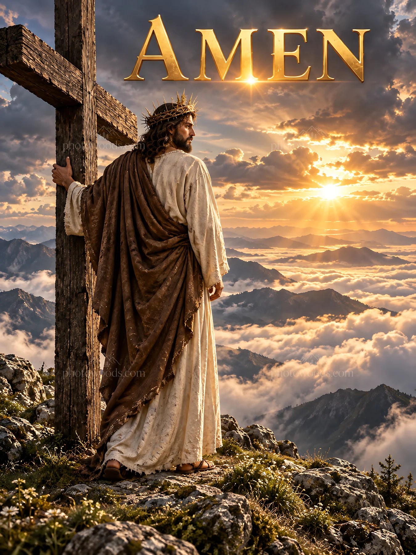 Jesus Christ stands by a cross at sunset in the mountains - AI-generated stock image