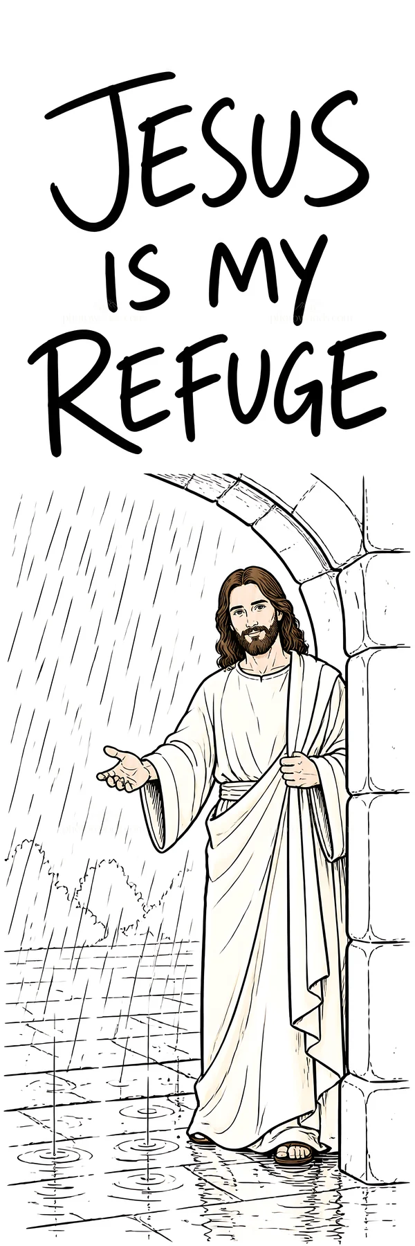 Jesus Christ welcoming with an outstretched hand during rain - AI-generated stock image