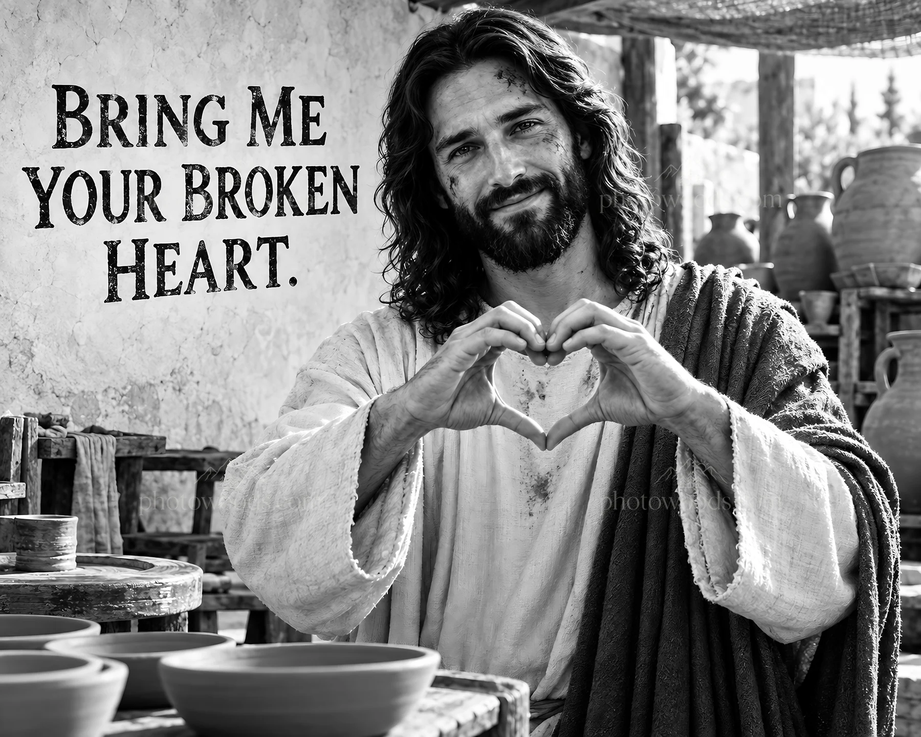 Jesus Christ inviting with open hands for healing - AI-generated stock image