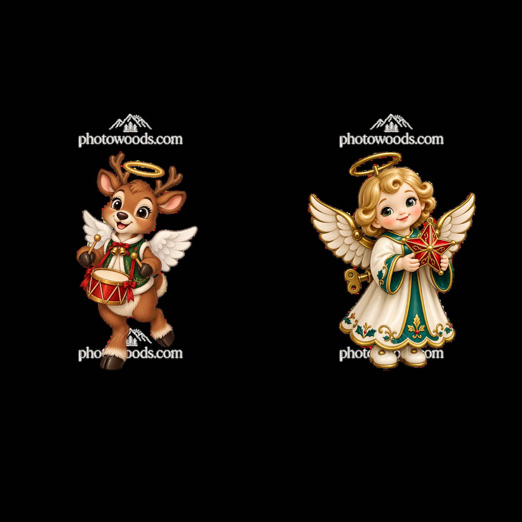 Cartoon angel and reindeer with drum for Christmas celebration - AI-generated stock image