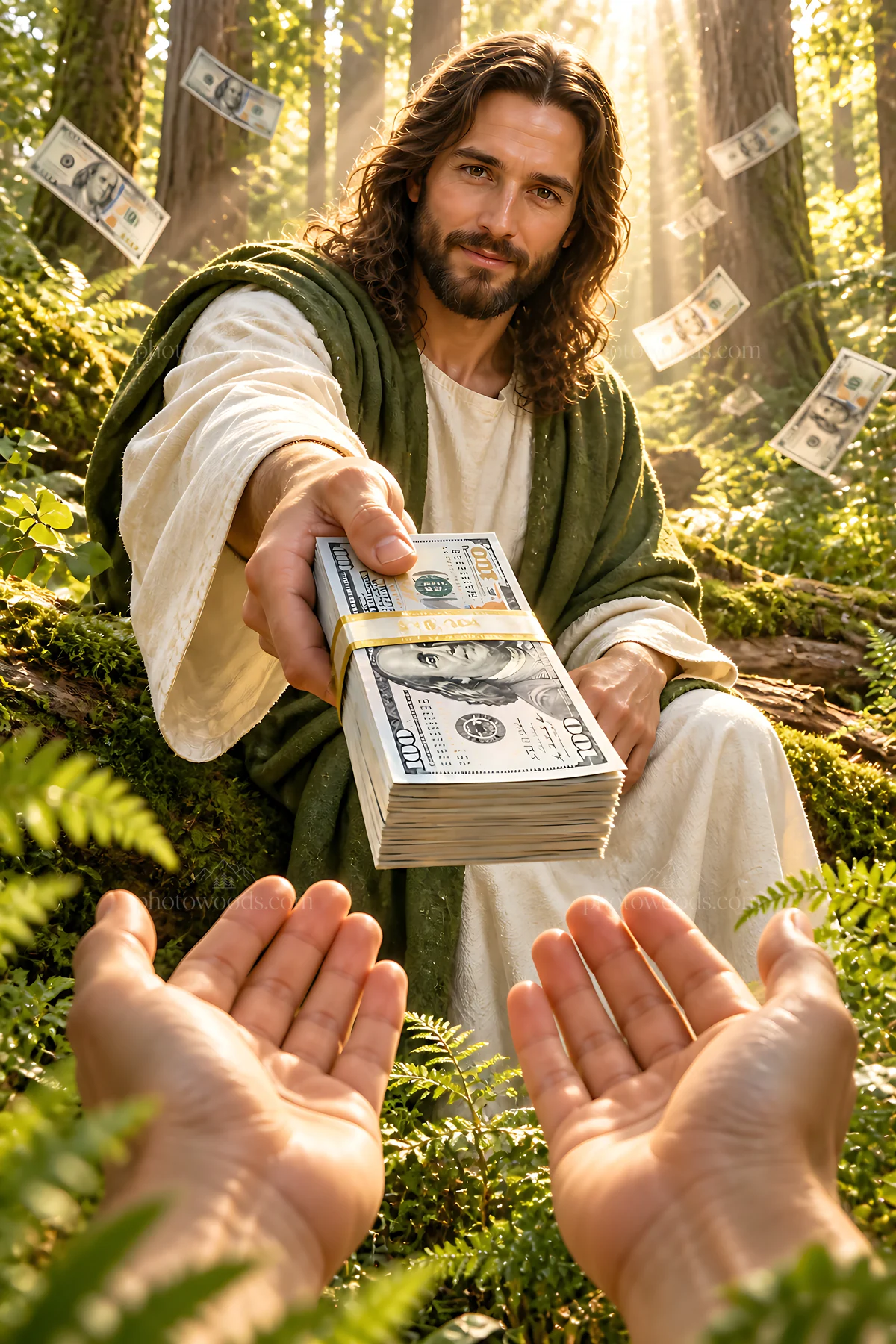 Forest clearing scene with a figure offering money - AI-generated stock image