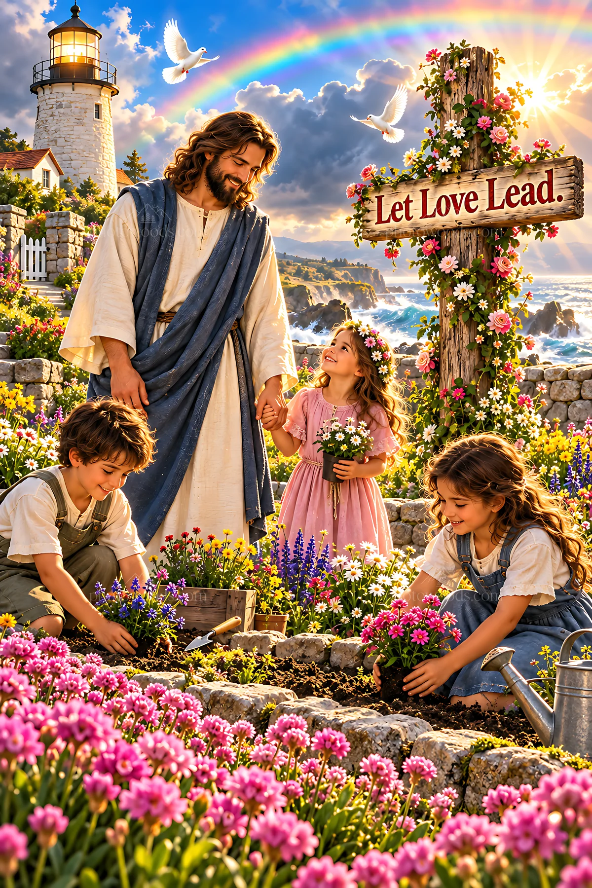Steadfast love at the lighthouse in a garden setting - AI-generated stock image