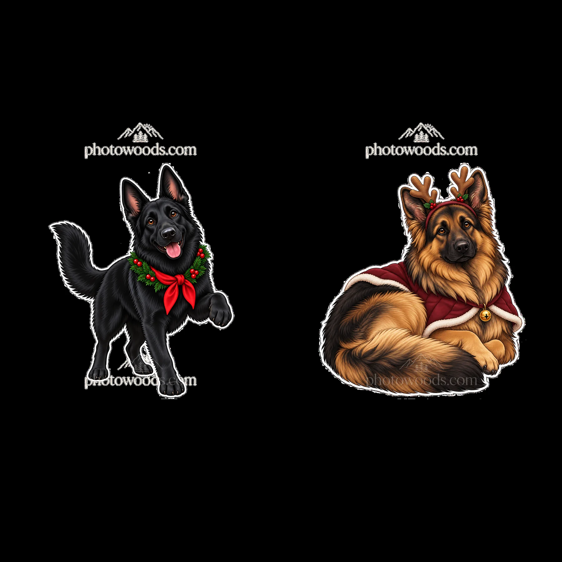 Christmas German Shepherds with decorations and joyful poses - AI-generated stock image