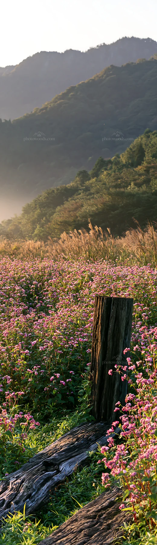 Wakayama autumn meadow weathered wood foreground - AI-generated stock image