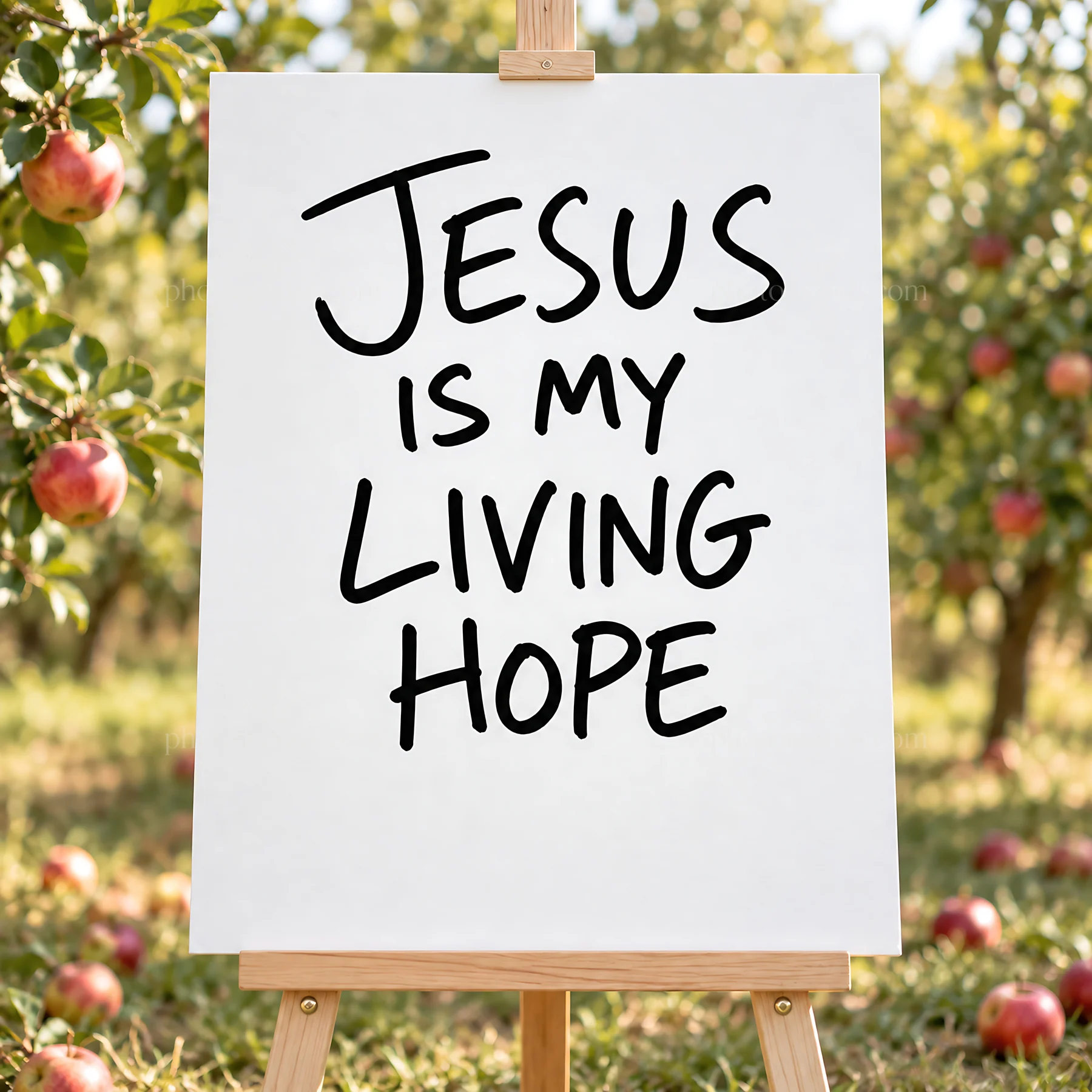 Jesus Christ is my living hope in an apple orchard - AI-generated stock image