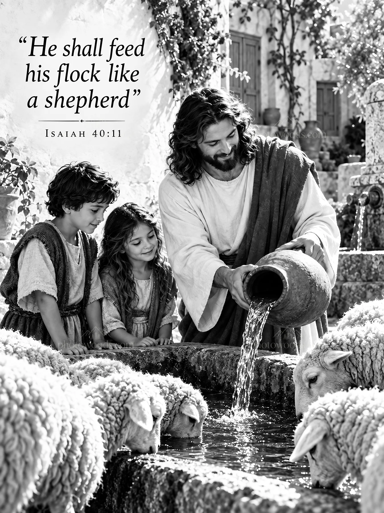 Jesus Christ caring for children and sheep by the well - AI-generated stock image