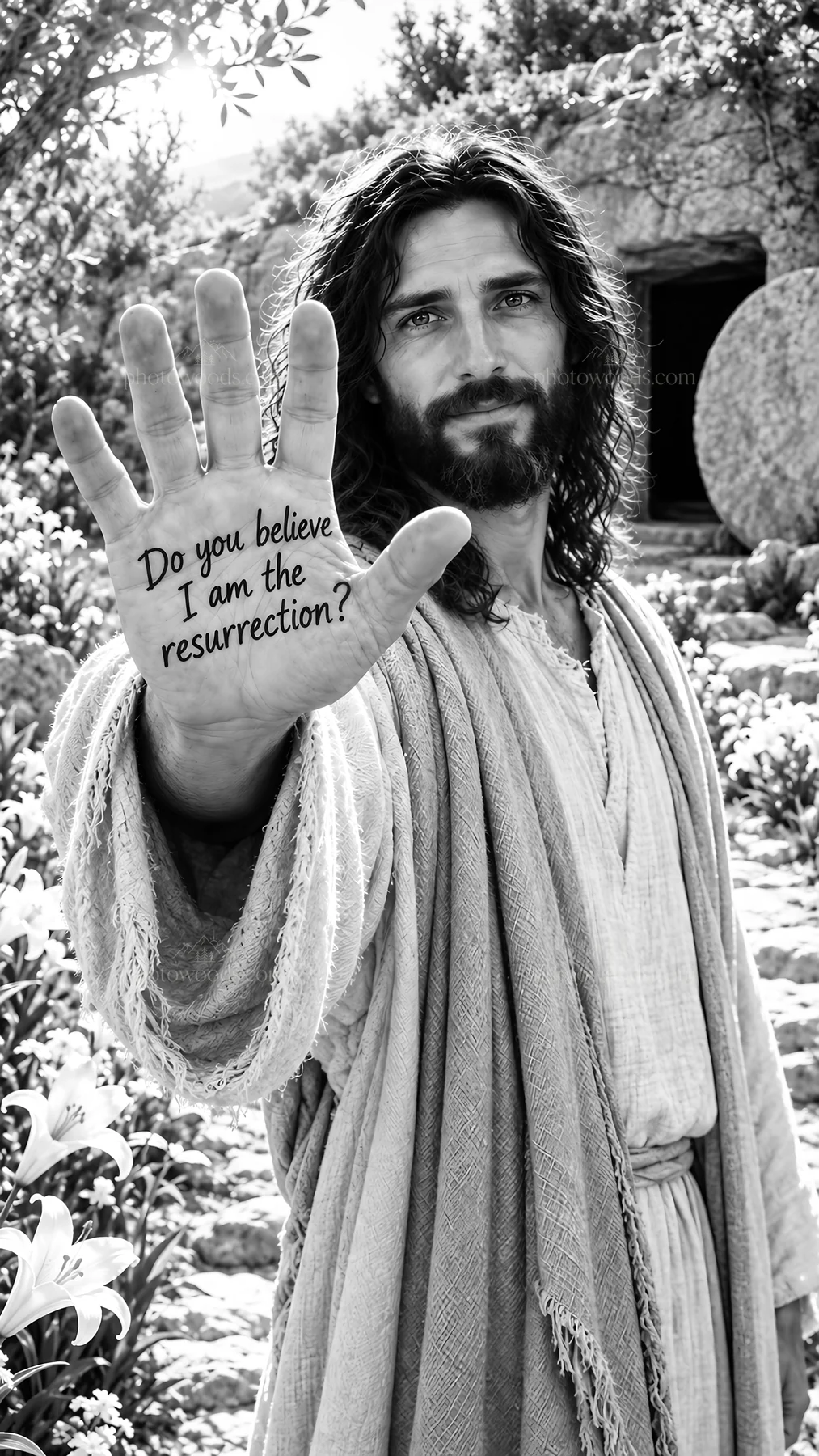 Jesus Christ with open hand asking about the resurrection - AI-generated stock image