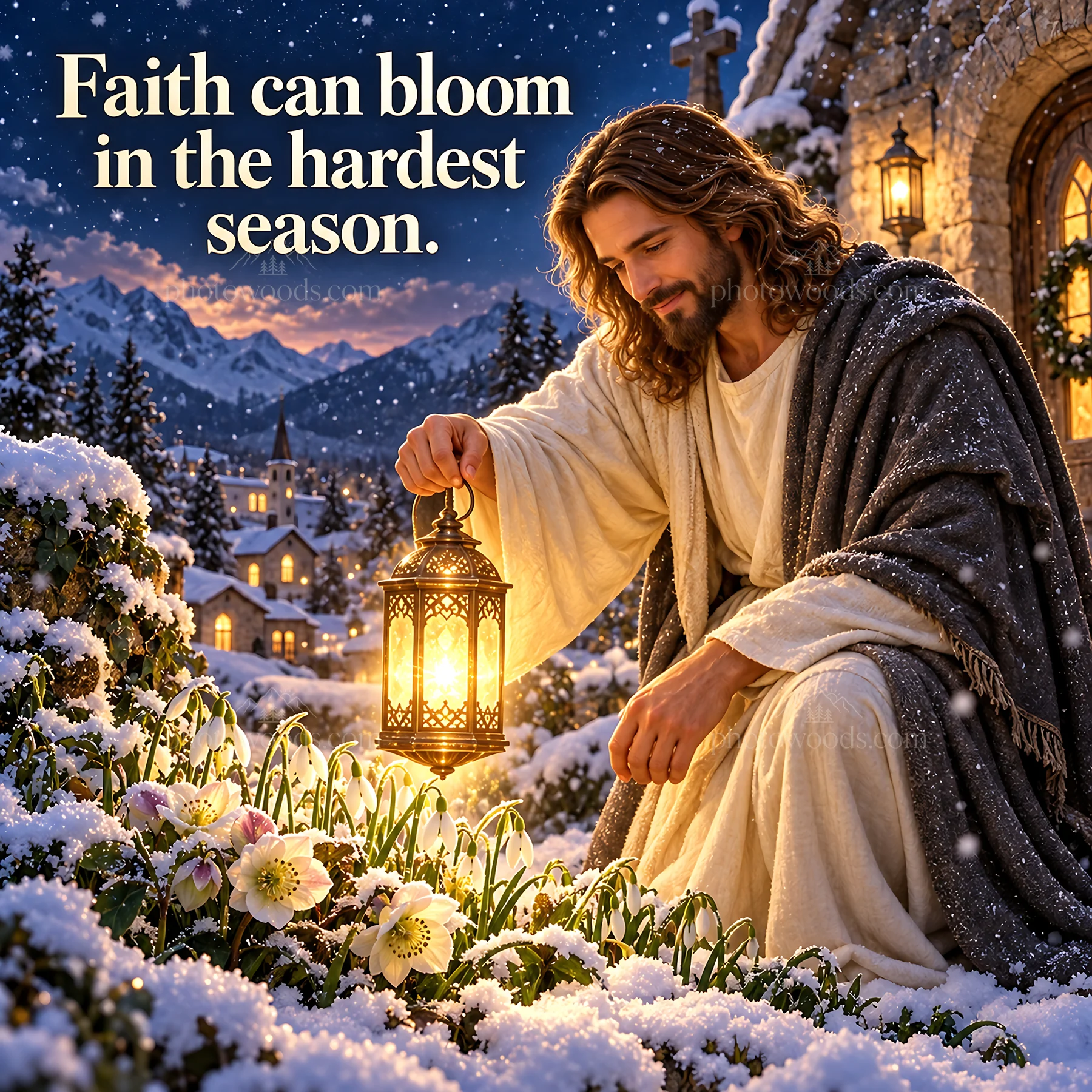 Jesus Christ nurturing flowers in a snowy landscape - AI-generated stock image