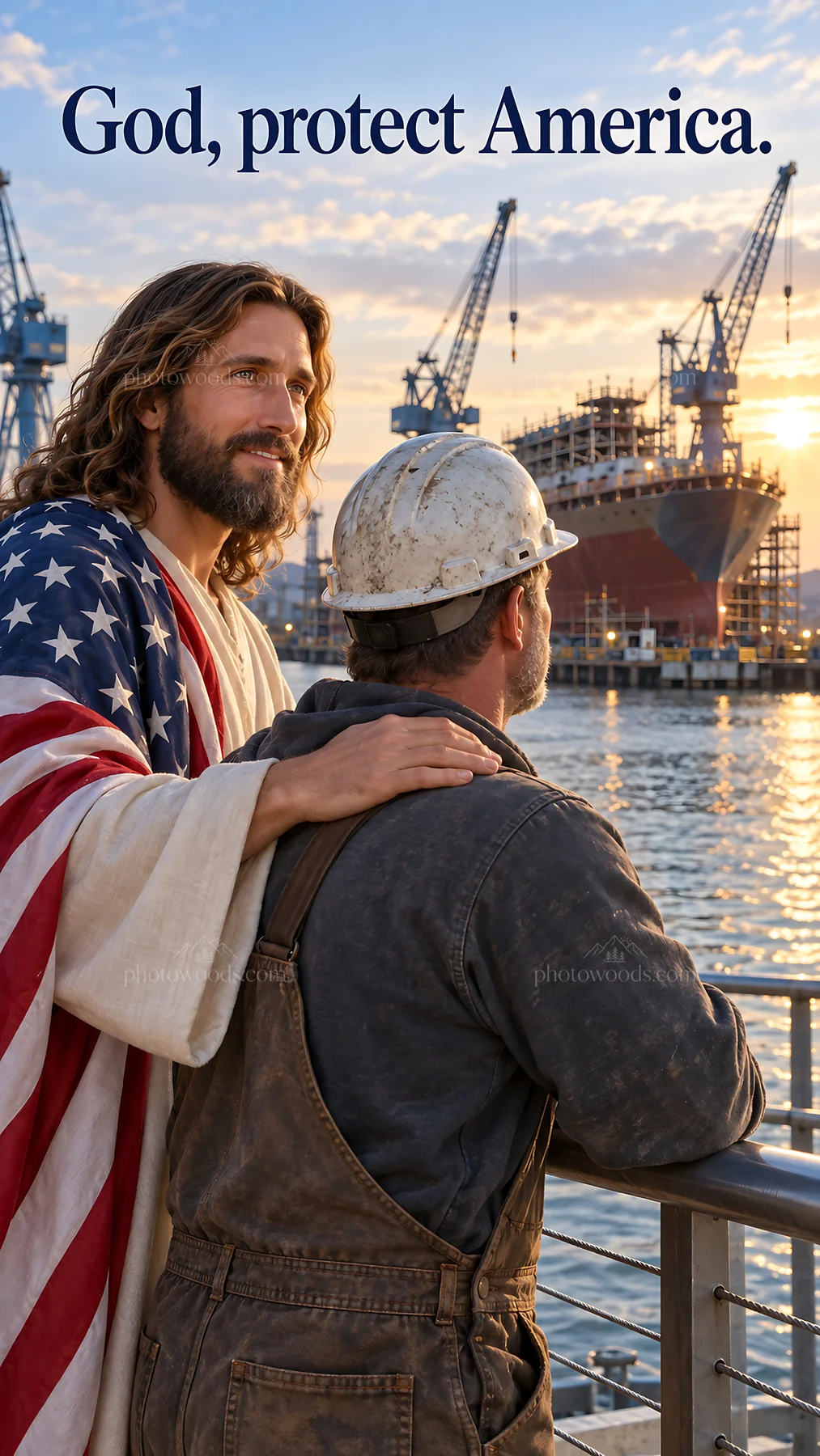 Jesus Christ comforting a worker by the waterfront - AI-generated stock image