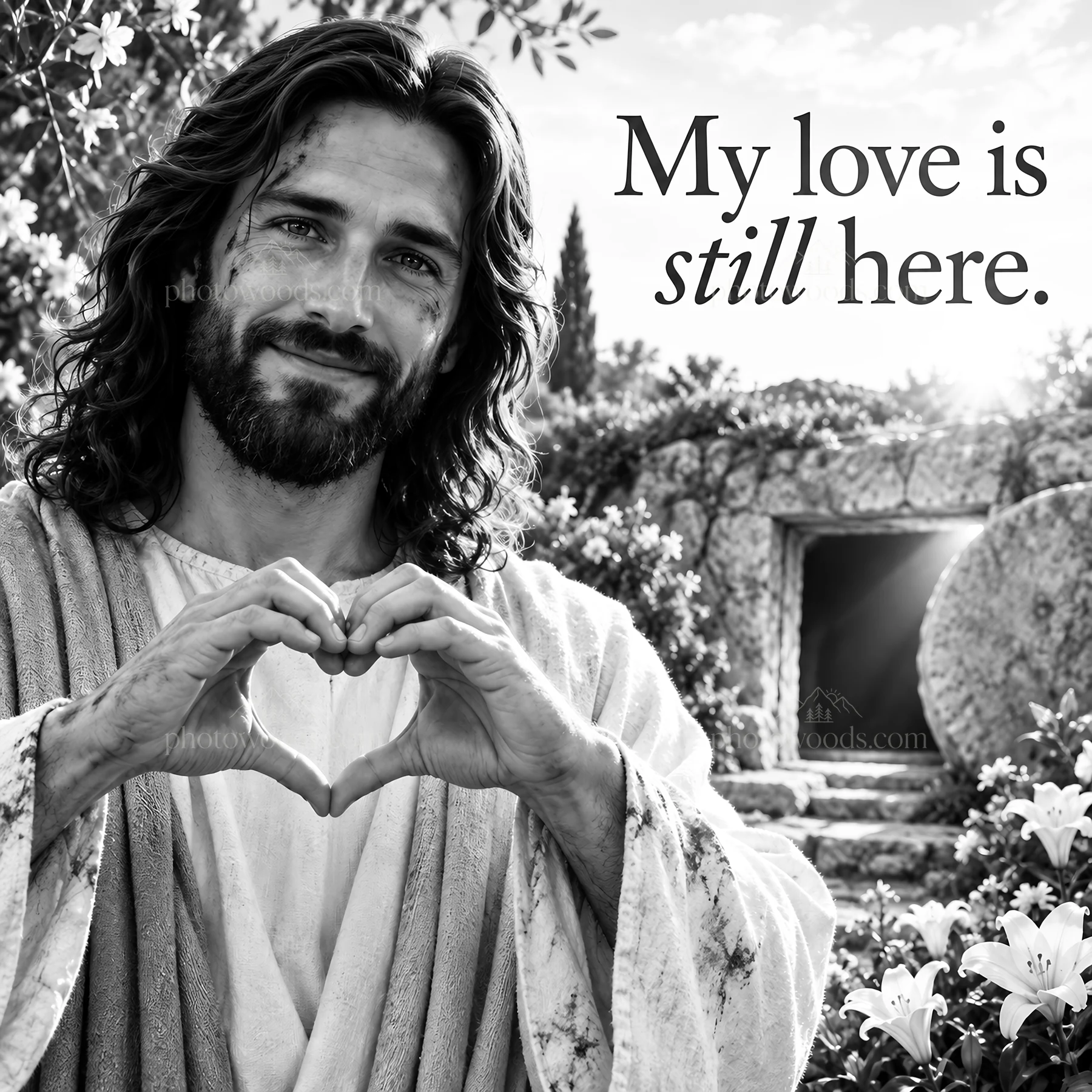 Jesus Christ making a heart shape with his hands - AI-generated stock image