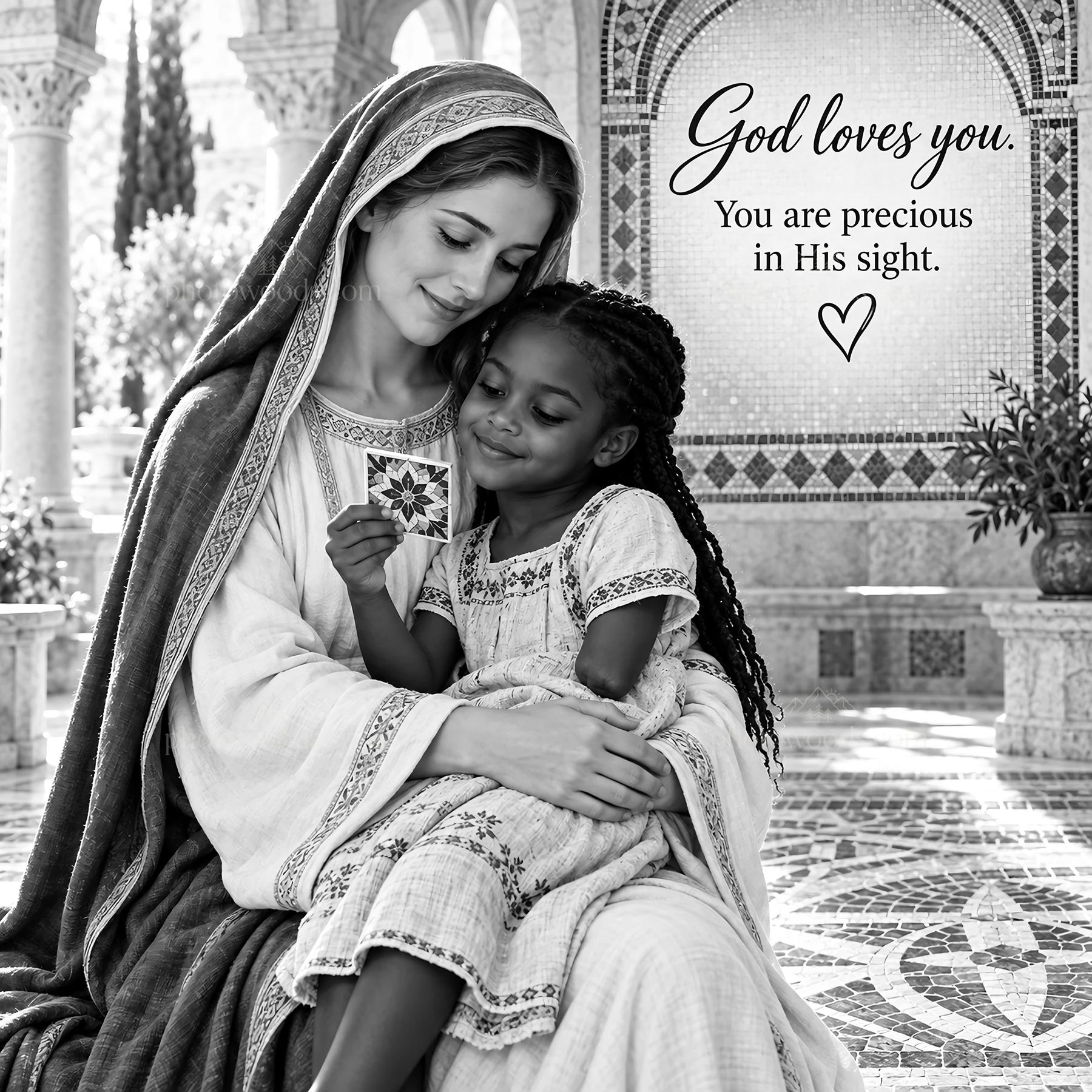 Jesus Christ comforts a child in a loving embrace - AI-generated stock image