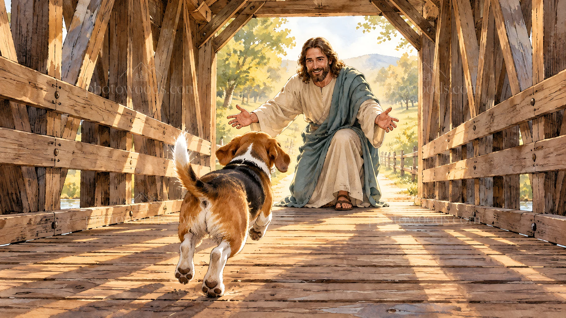 Jesus Christ welcoming a dog on a wooden bridge - AI-generated stock image