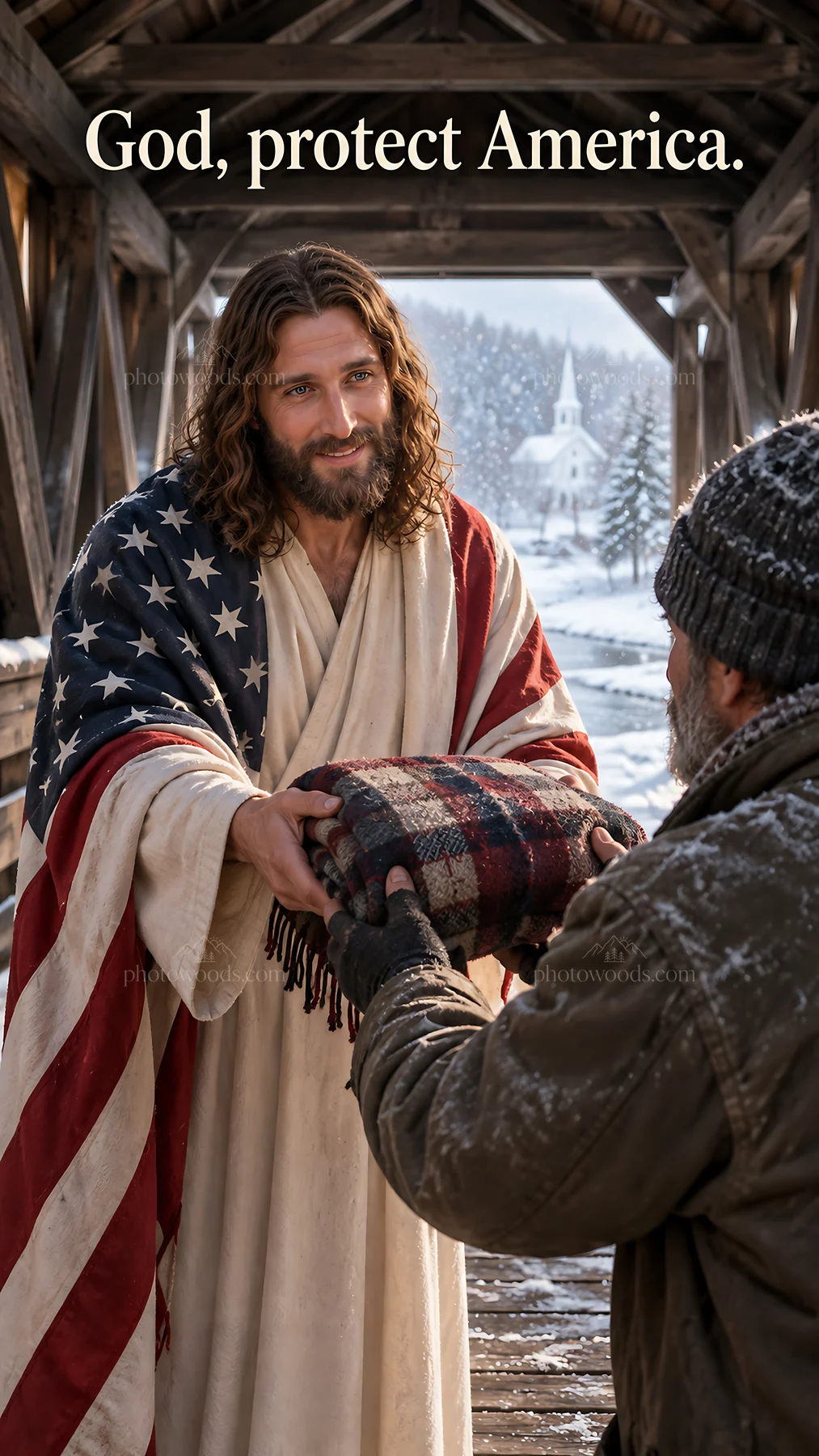 Jesus Christ offering comfort to a man under a bridge - AI-generated stock image