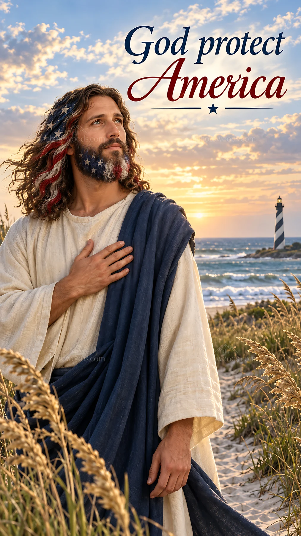 Jesus Christ standing on a beach with a lighthouse in the background - AI-generated stock image