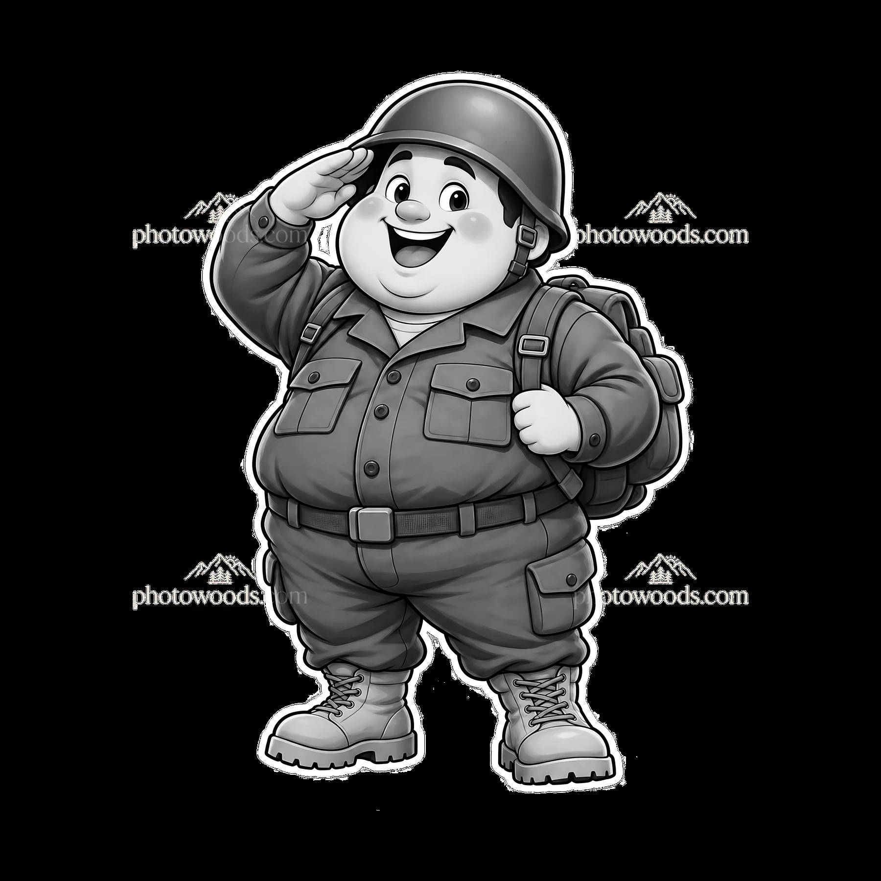 Cute ultra-chubby soldier character saluting with backpack - AI-generated stock image