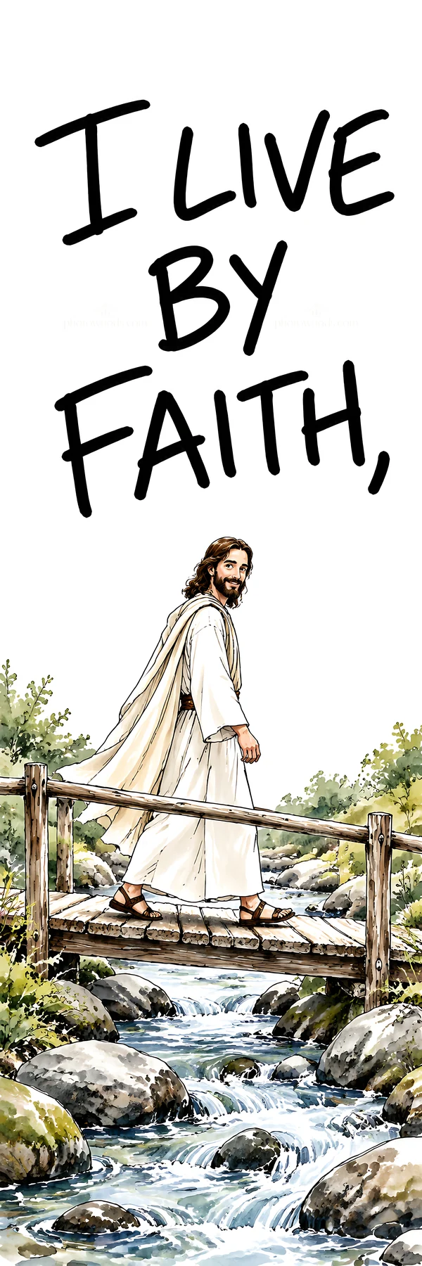 Jesus Christ walks on a bridge by a stream - AI-generated stock image
