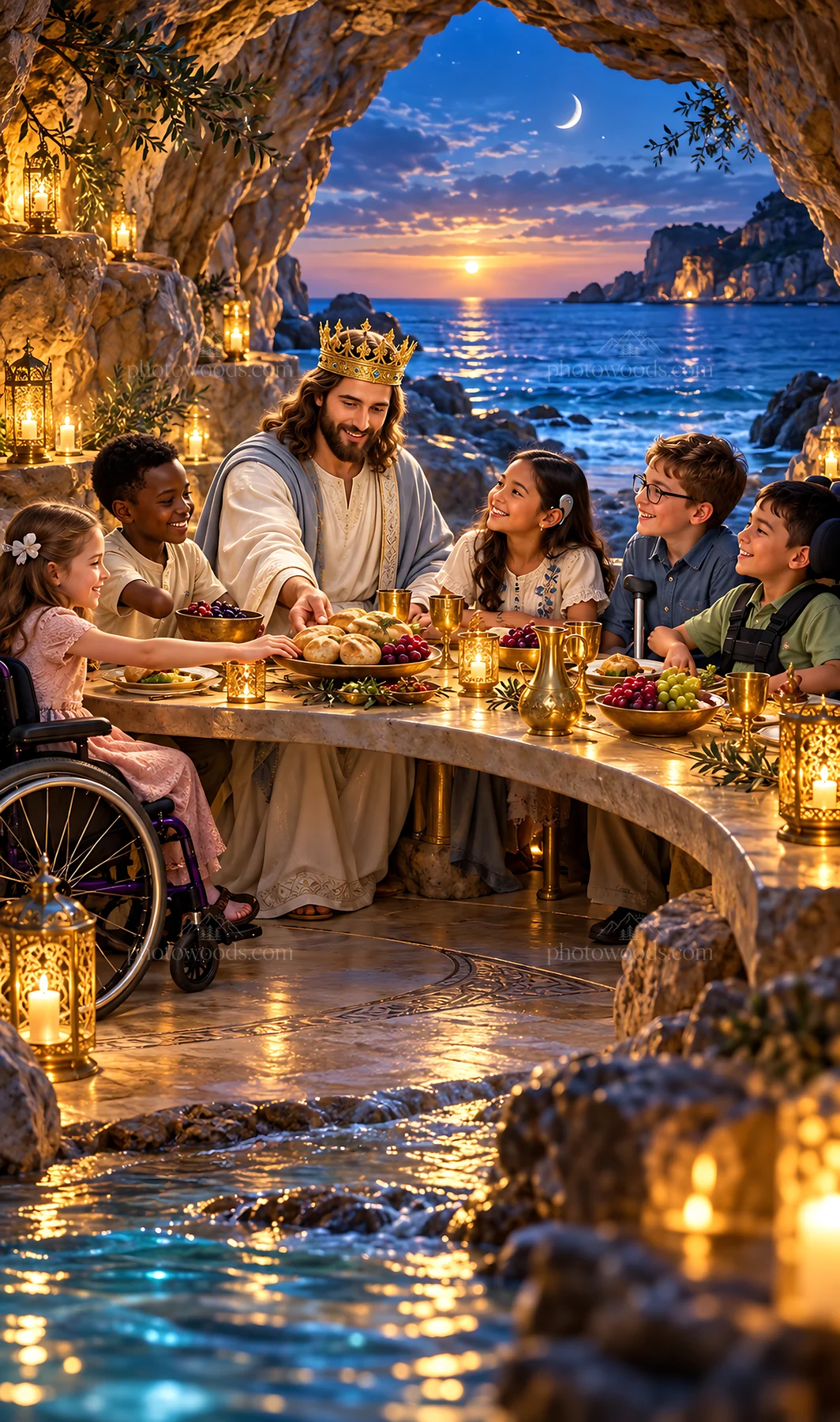 Jesus Christ sharing a meal with children in a serene setting - AI-generated stock image