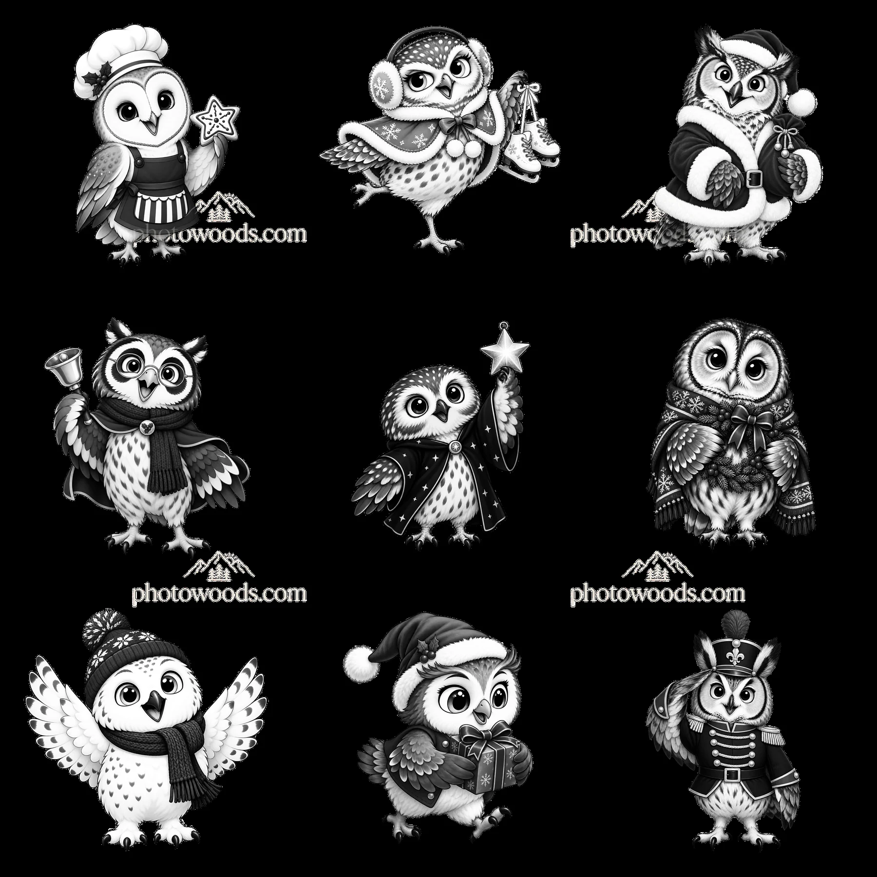 Christmas owls in various festive outfits and activities - AI-generated stock image