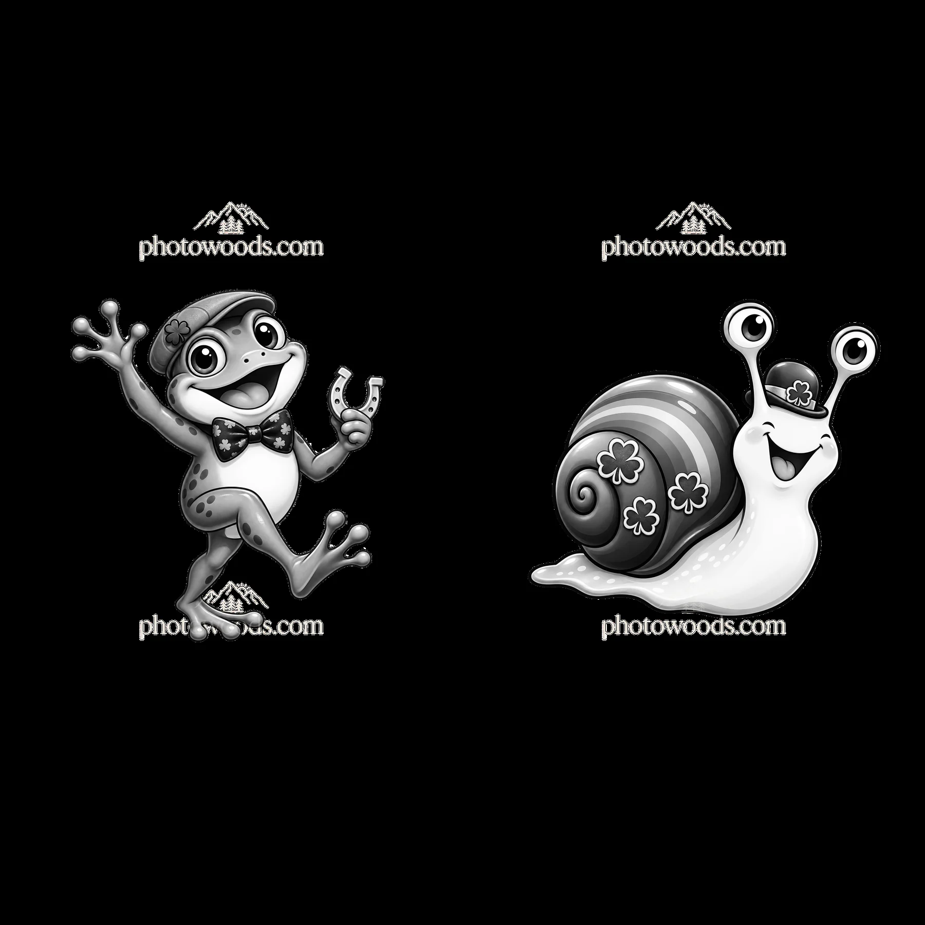 Happy frog and lucky snail celebrating St. Patrick's Day - AI-generated stock image