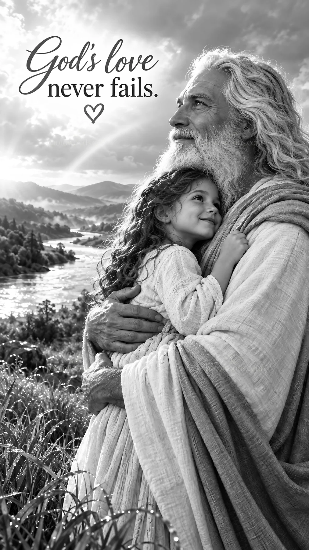 Jesus Christ comforting a child in a natural setting - AI-generated stock image
