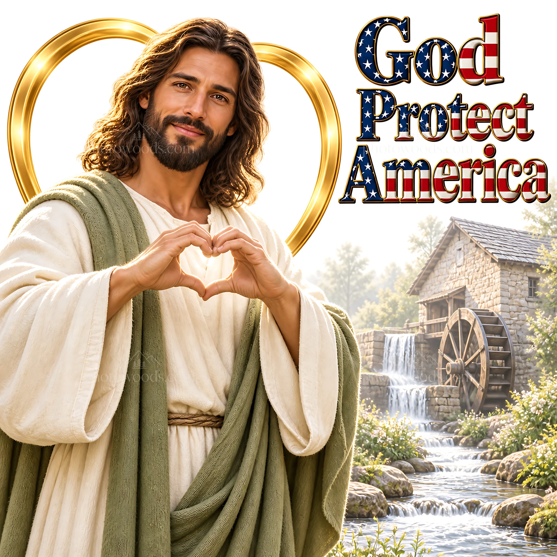 Jesus Christ making a heart gesture near a watermill - AI-generated stock image