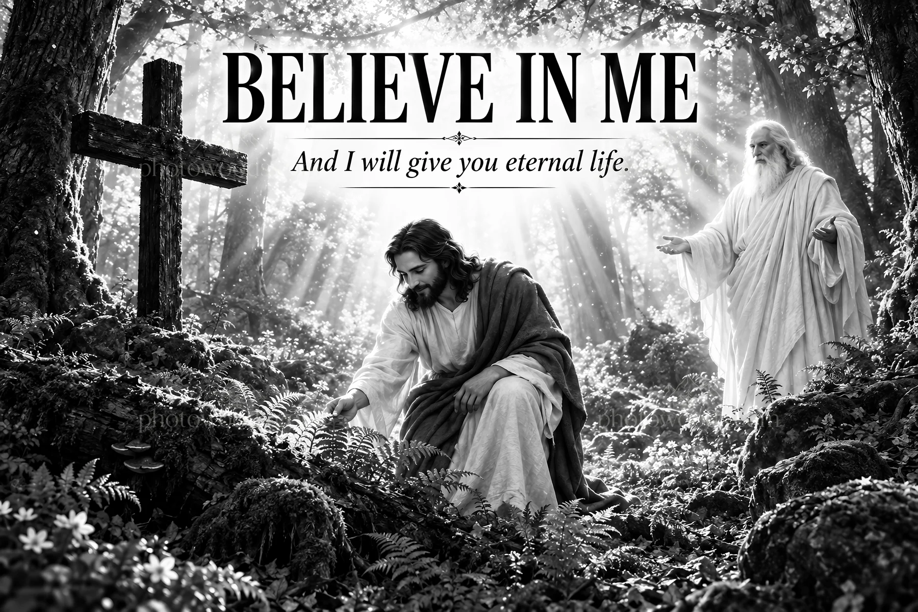 Jesus Christ offers hope in a forest setting - AI-generated stock image