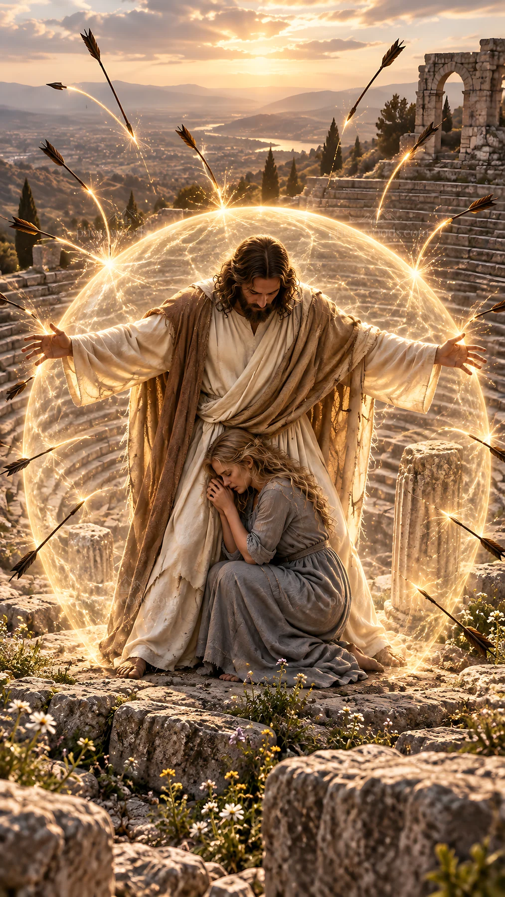 Jesus Christ comforting a suffering woman in a dramatic setting - AI-generated stock image