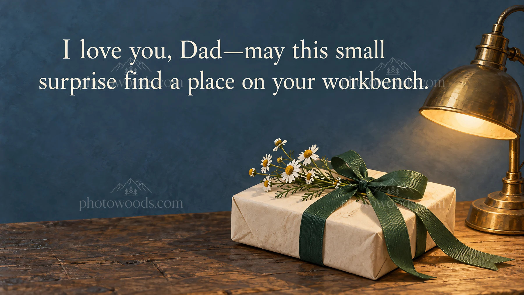 Wrapped gift and daisies for Dad on a workbench - AI-generated stock image