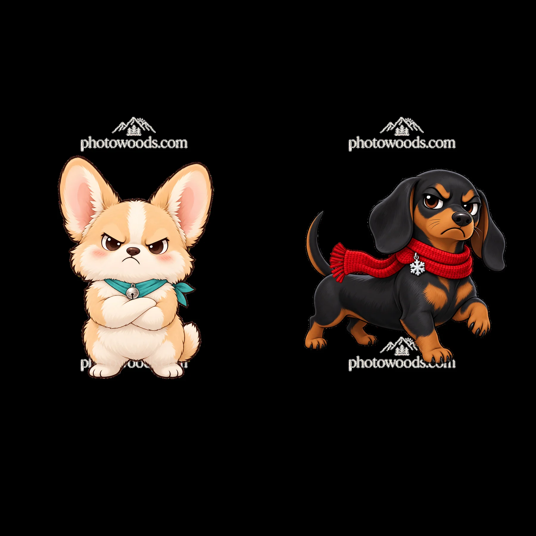 Kawaii grumpy dog duo with scarves in a playful pose - AI-generated stock image