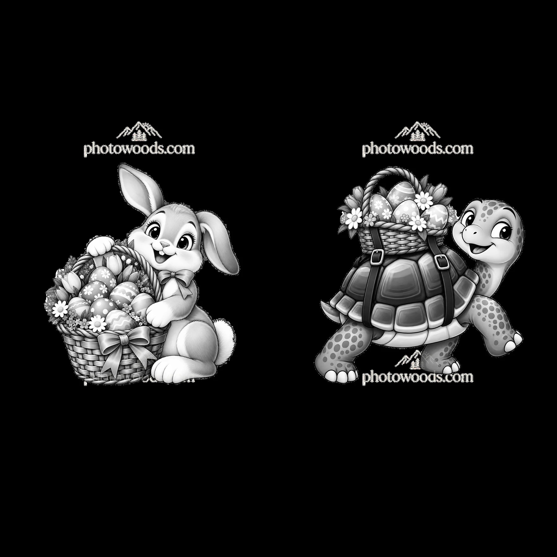 Easter bunny with basket and turtle carrying eggs - AI-generated stock image