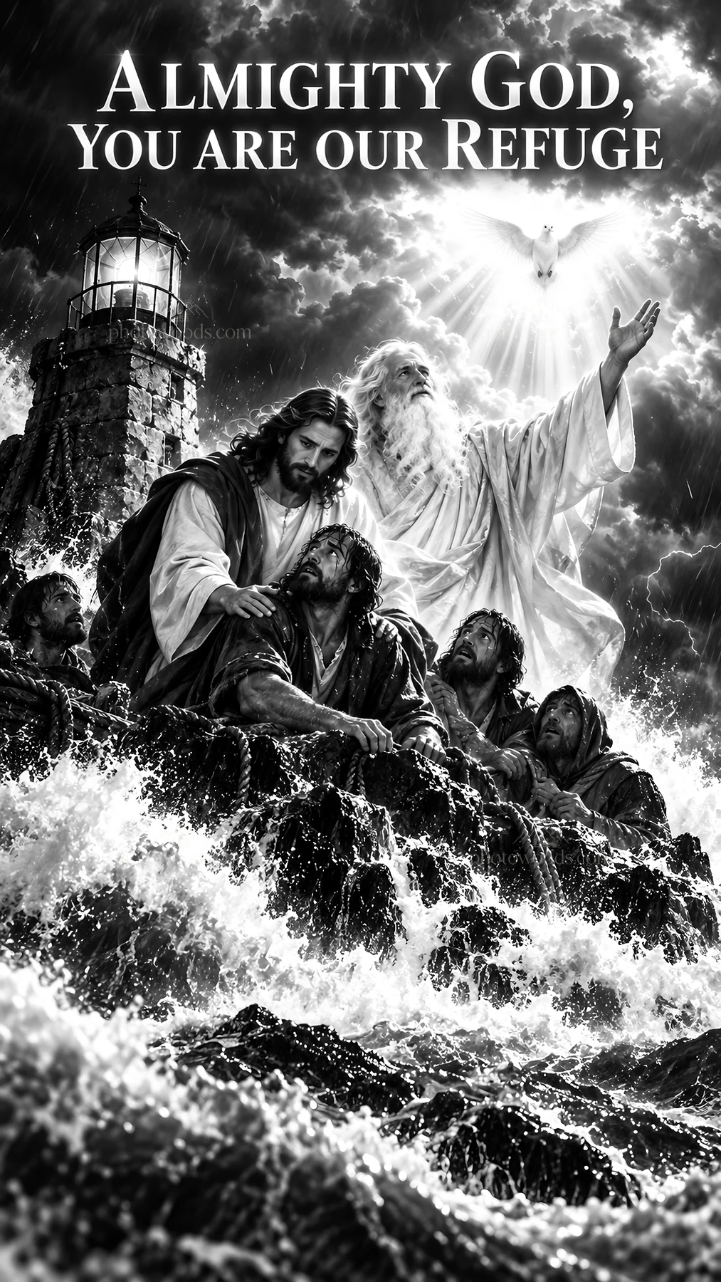 Jesus Christ comforting the disciples during a storm - AI-generated stock image