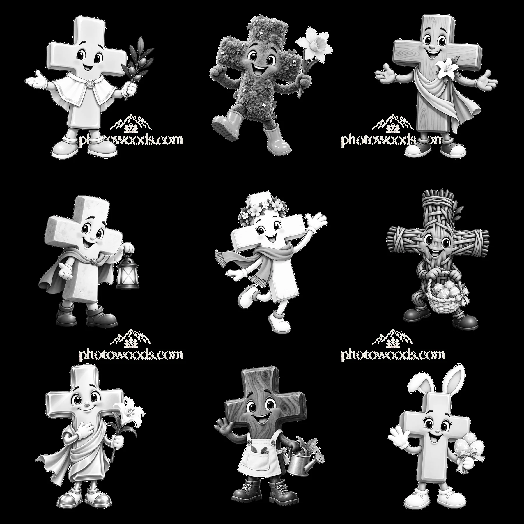 Easter-themed cartoon crosses with different characters and props - AI-generated stock image