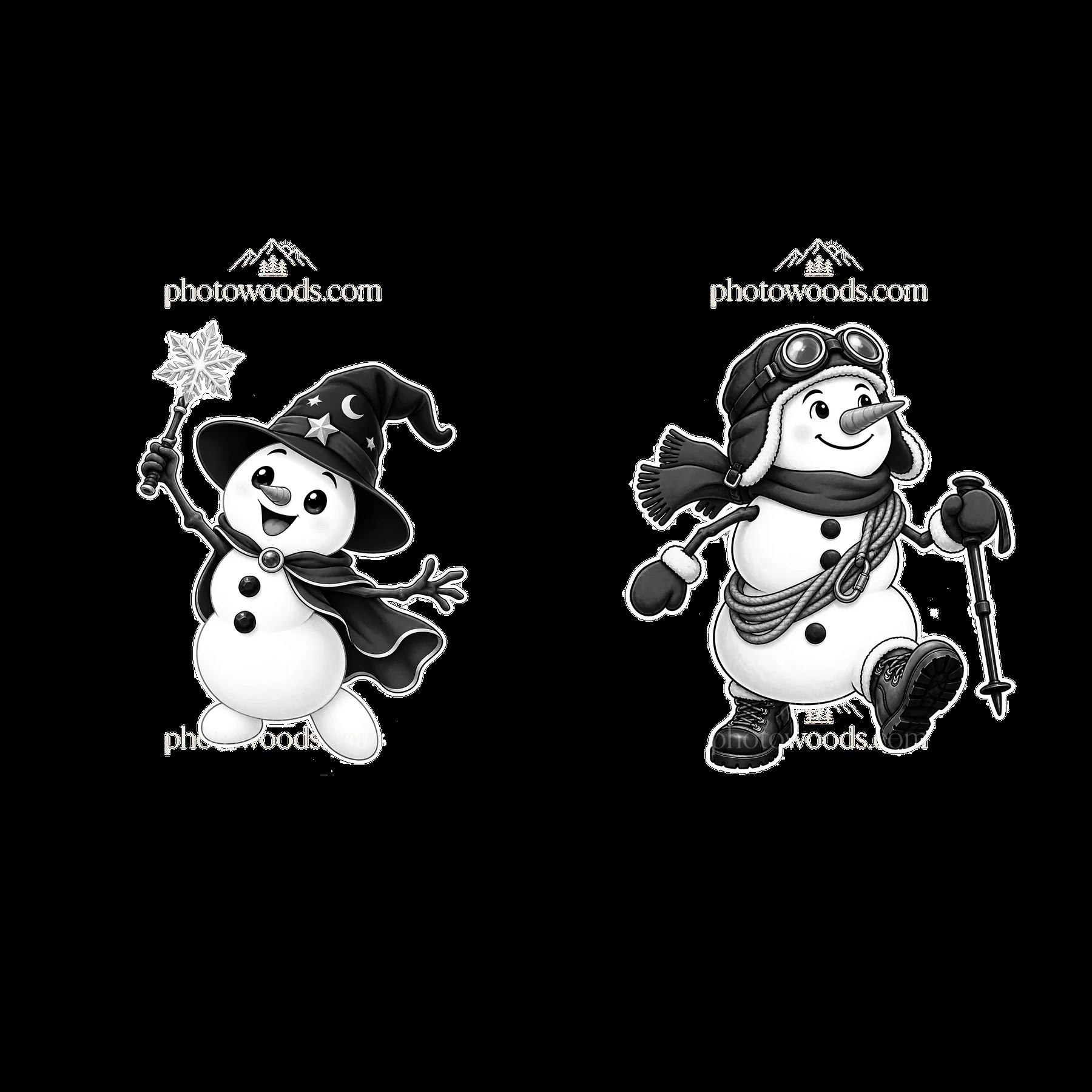 Snowman with magic wand and snowman in aviator hat walking - AI-generated stock image