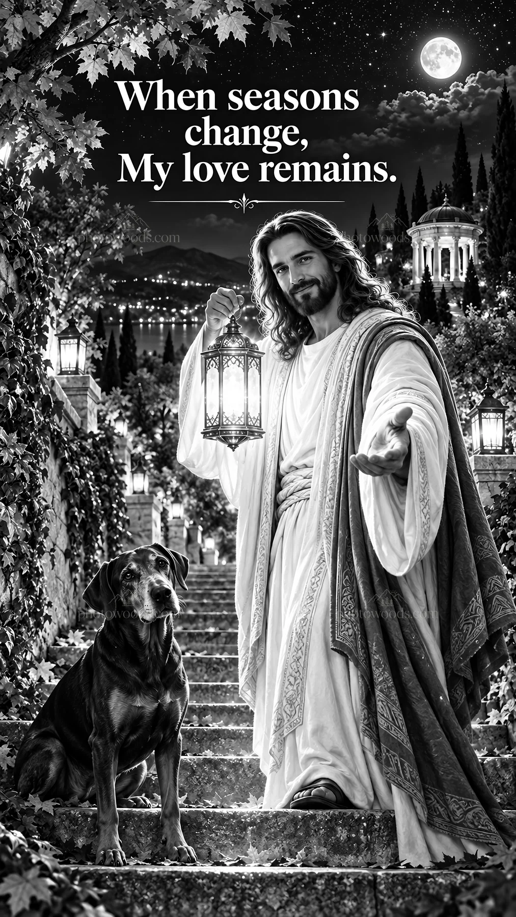 Jesus Christ extends love and invitation with lantern at night - AI-generated stock image