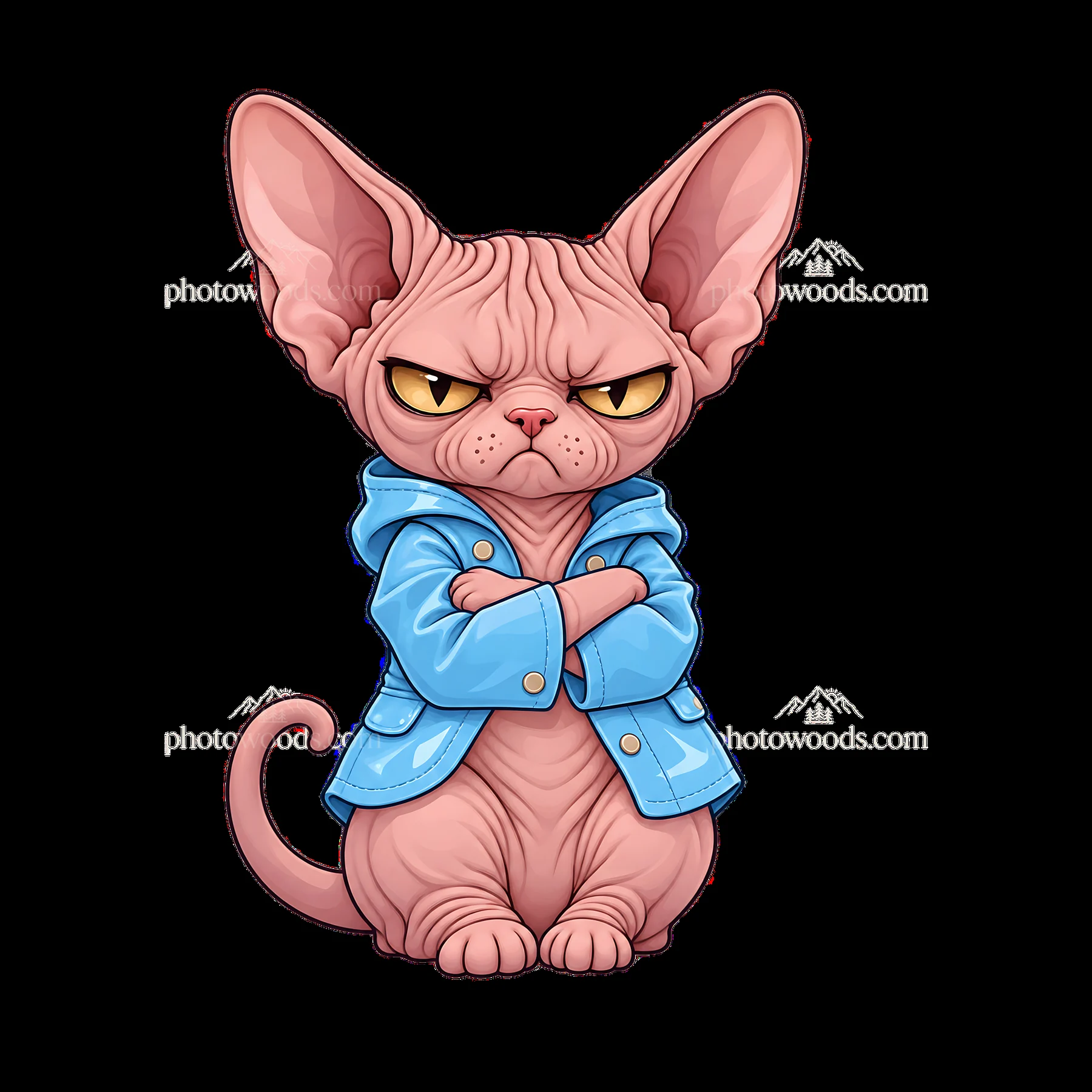 Kawaii grumpy cat wearing a blue jacket with crossed arms - AI-generated stock image