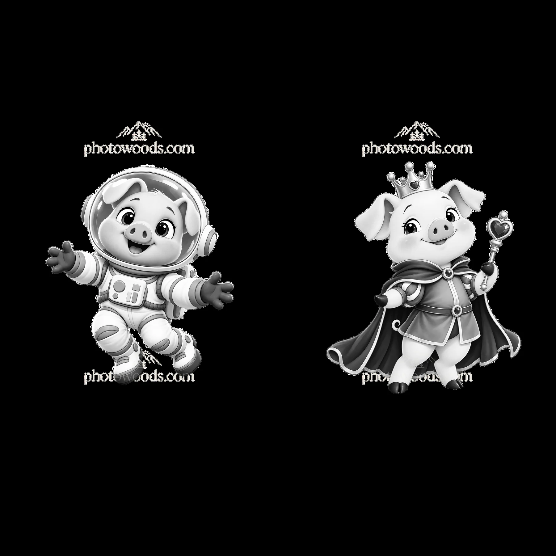 Pig in space and pig as a king cartoon sticker design - AI-generated stock image