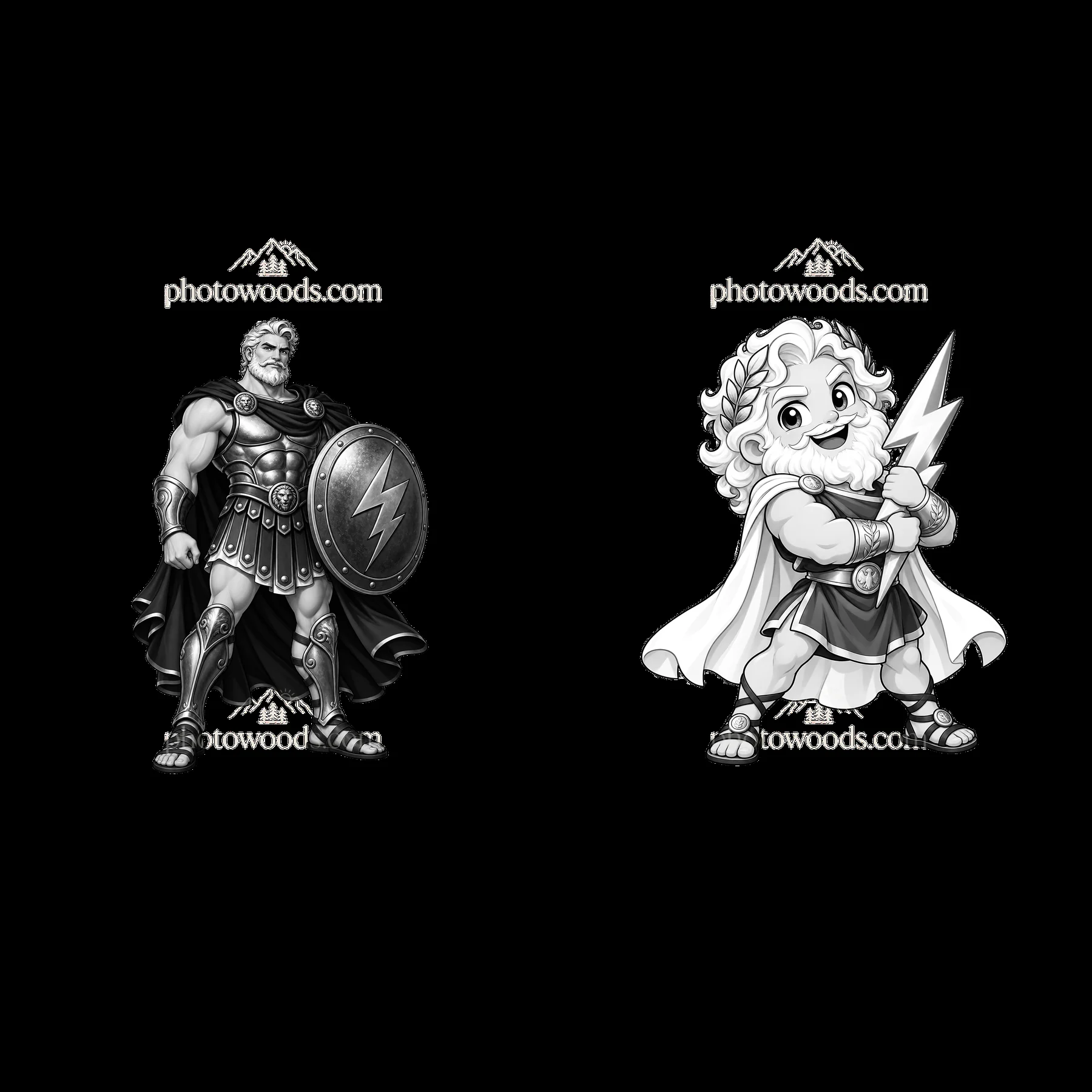 Zeus and Hercules cartoon sticker illustration in black and white - AI-generated stock image