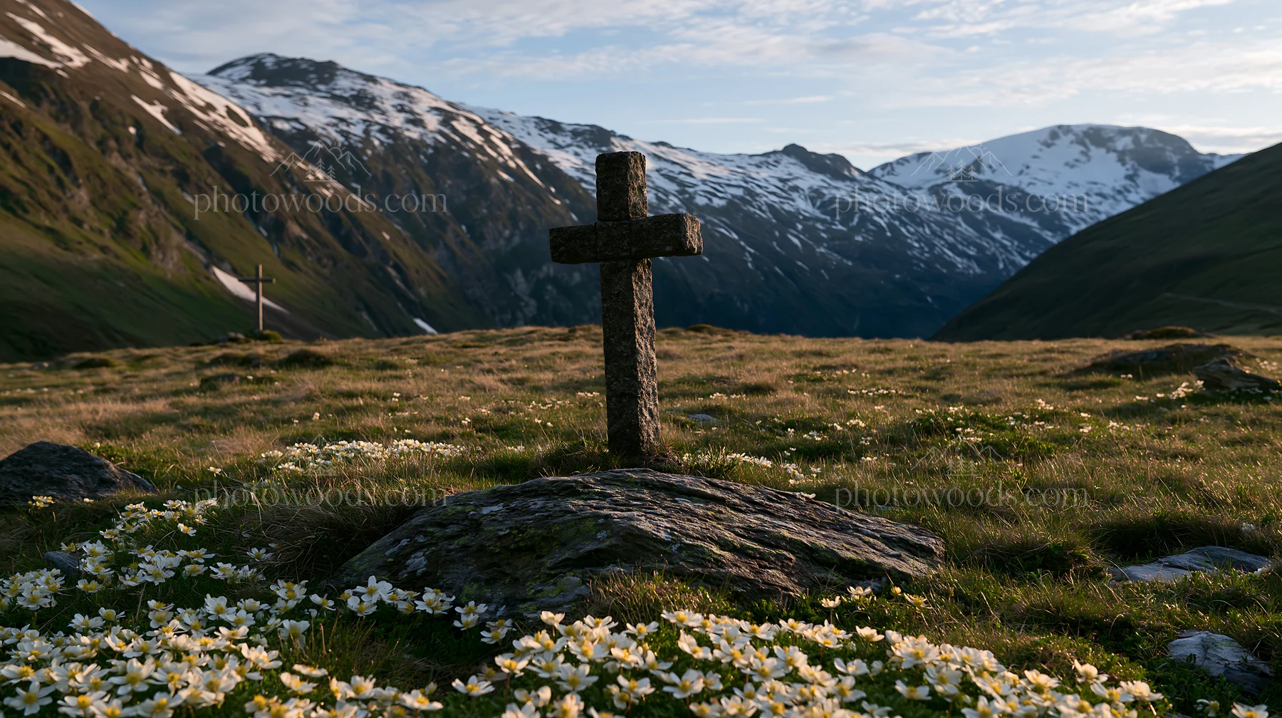 Stone Christian cross in alpine valley meadow - AI-generated stock image