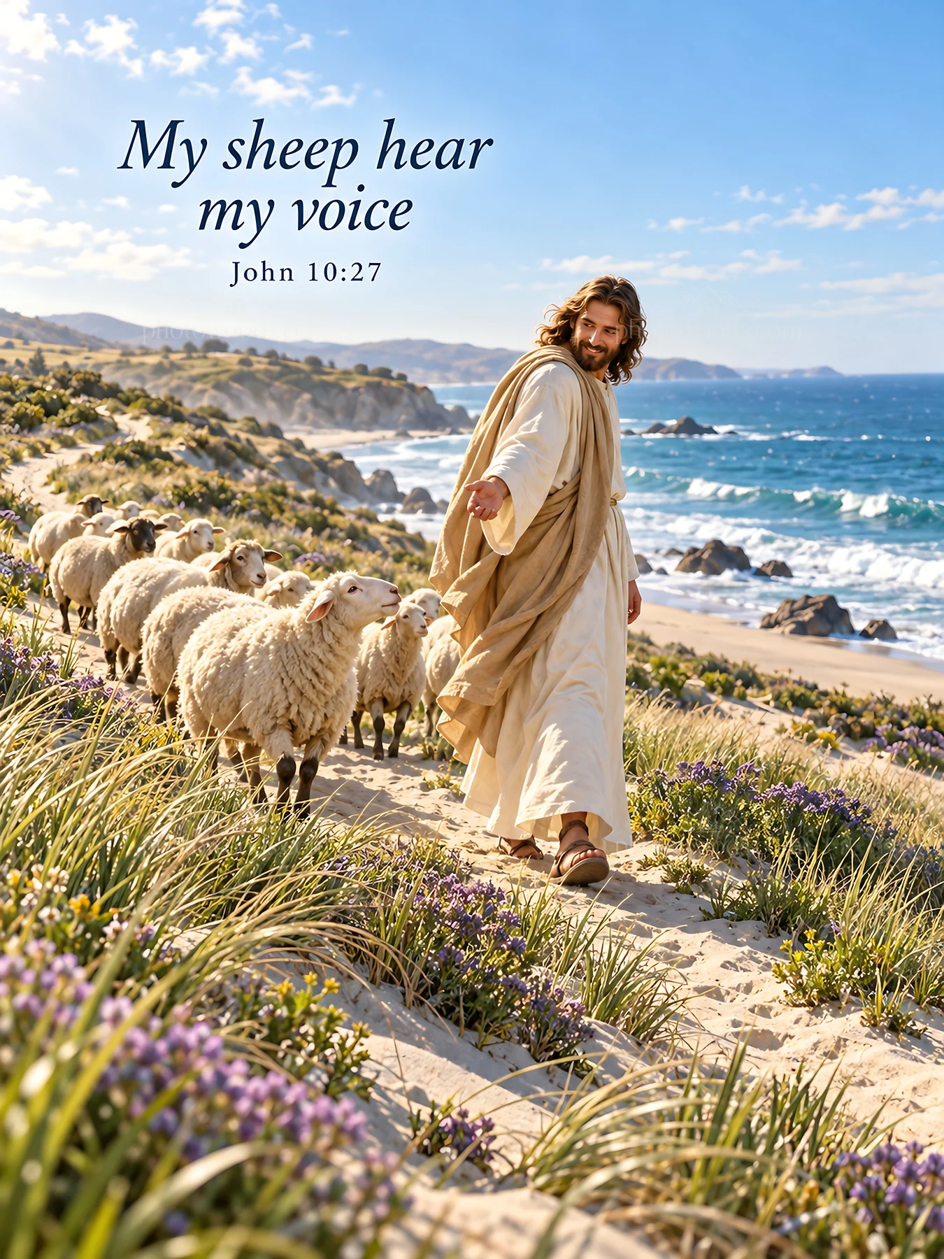 Jesus Christ guiding sheep along the shore - AI-generated stock image