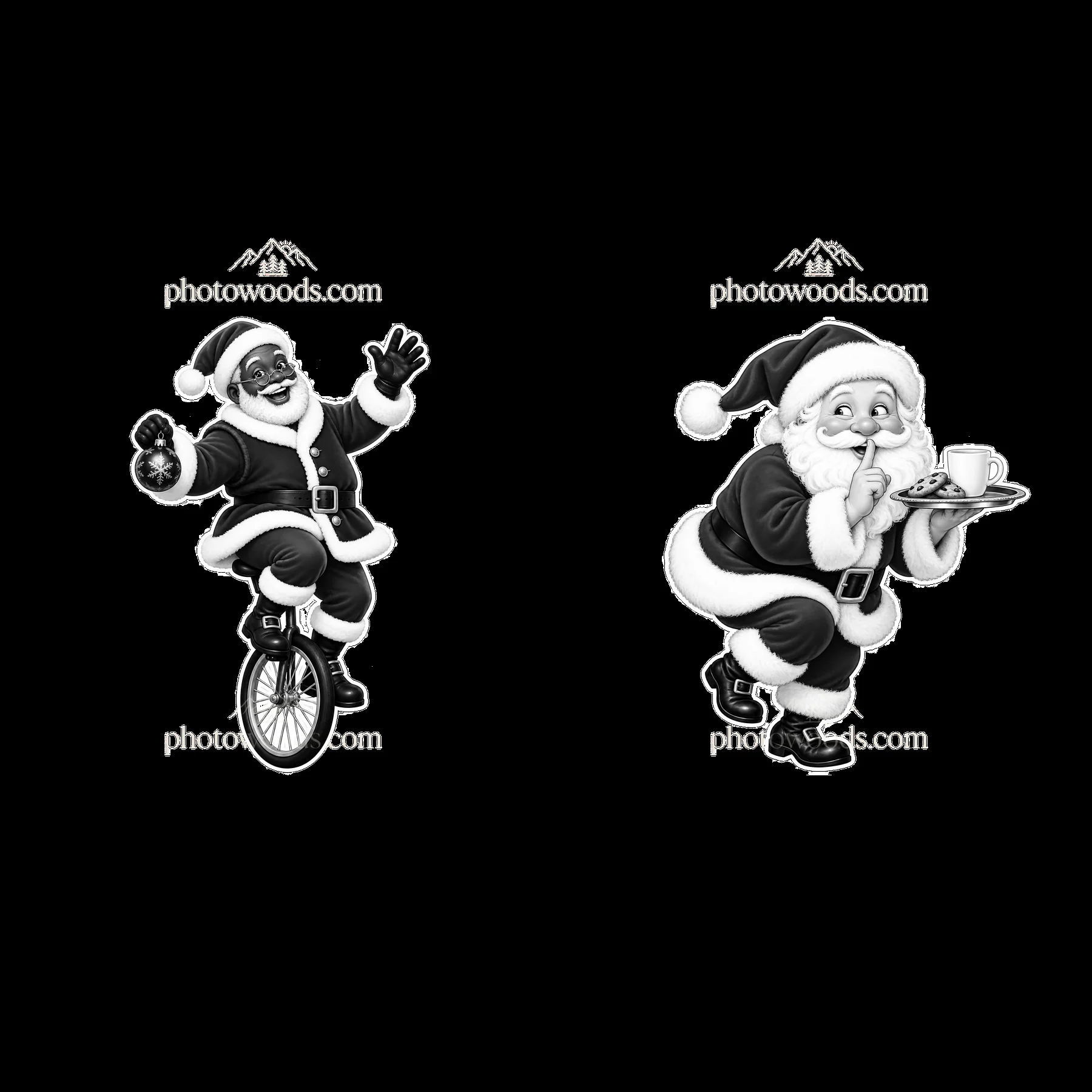 Santa Claus on unicycle and Santa serving cookies - AI-generated stock image
