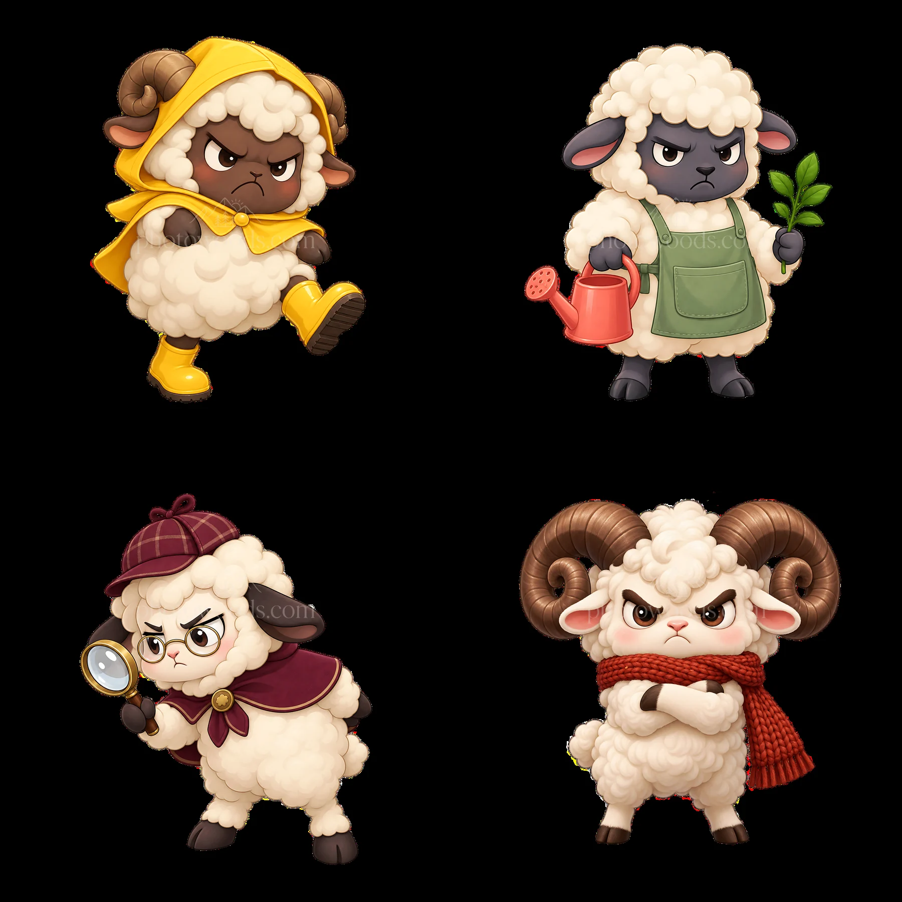 Kawaii grumpy sheep with outfits and expressions in a 2x2 layout - AI-generated stock image