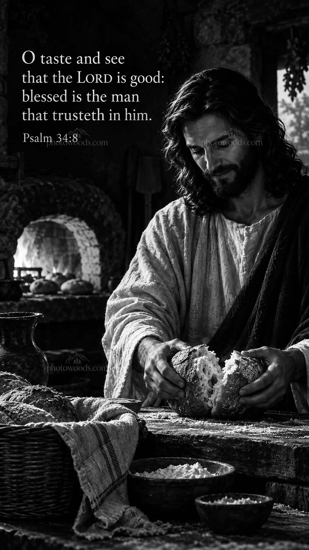 Jesus Christ sharing bread with followers at a table - AI-generated stock image