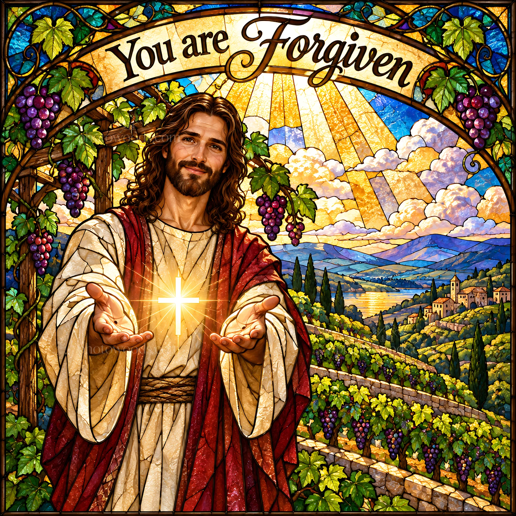 Jesus Christ offering forgiveness with open hands in a vineyard - AI-generated stock image