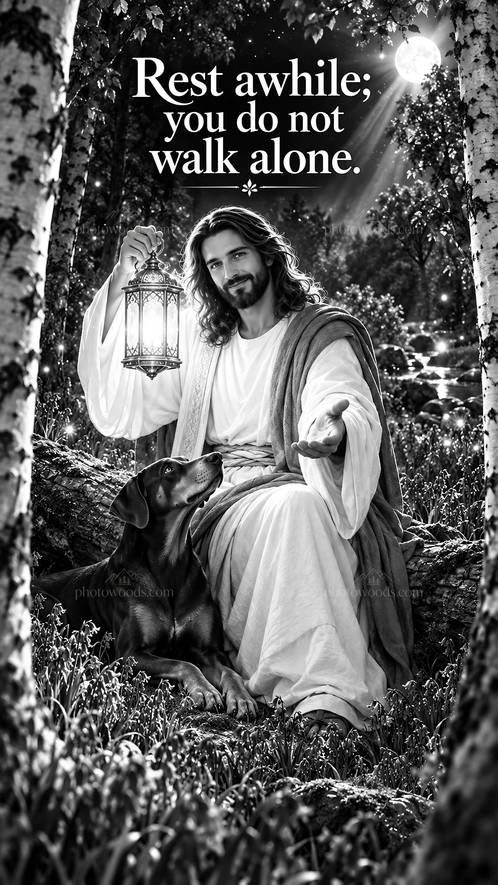 Jesus Christ inviting comfort beside a dog in nature - AI-generated stock image