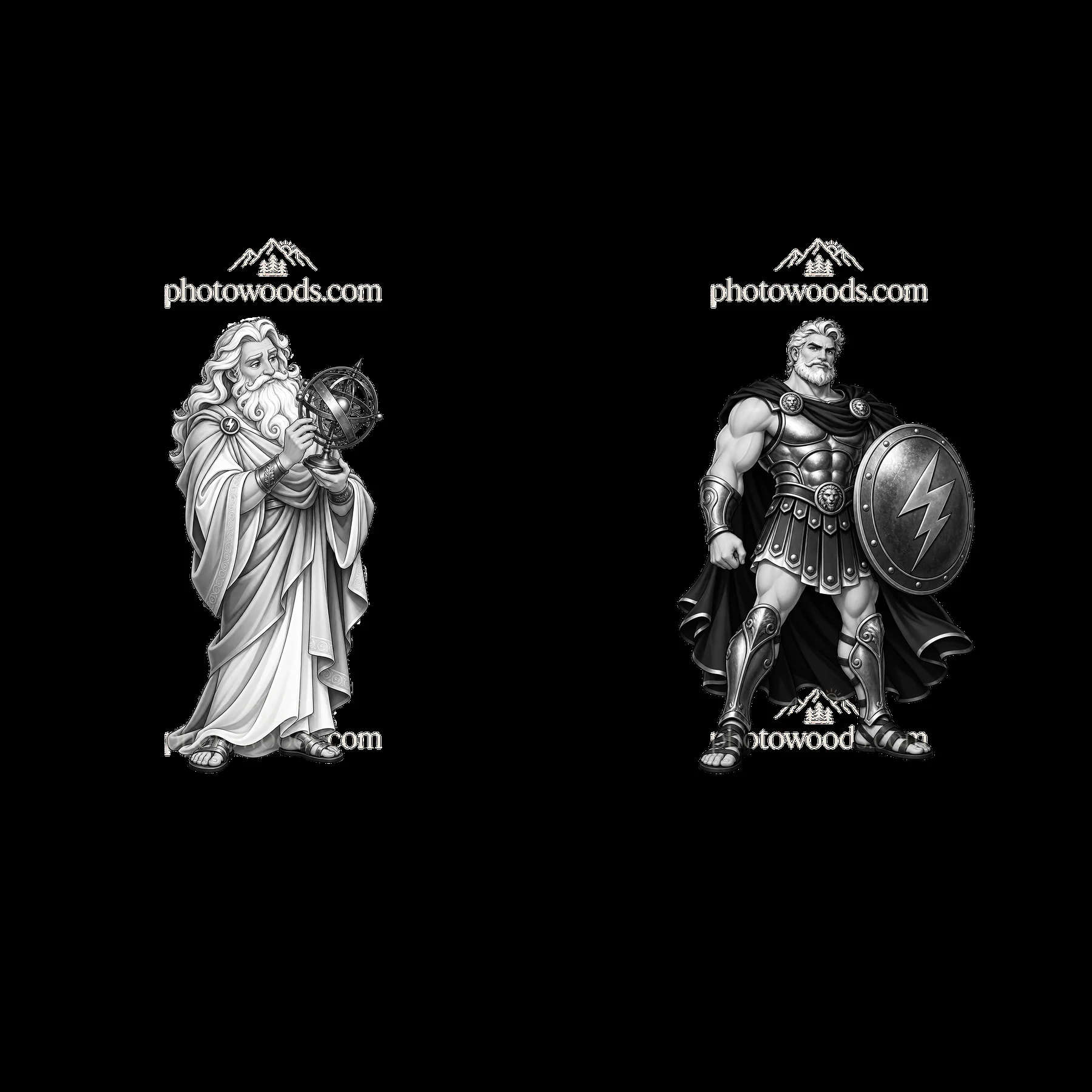 Zeus and Hercules cartoon sticker design in black and white - AI-generated stock image