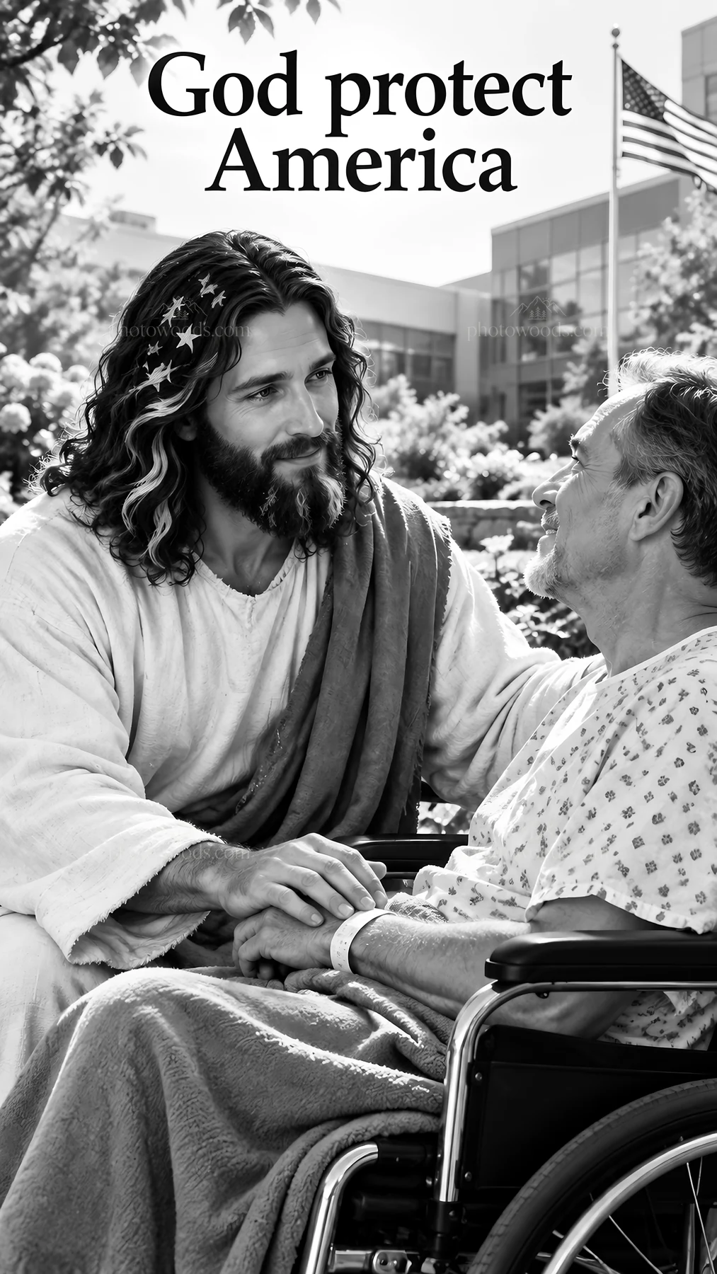 Jesus Christ comforting a man in a wheelchair - AI-generated stock image